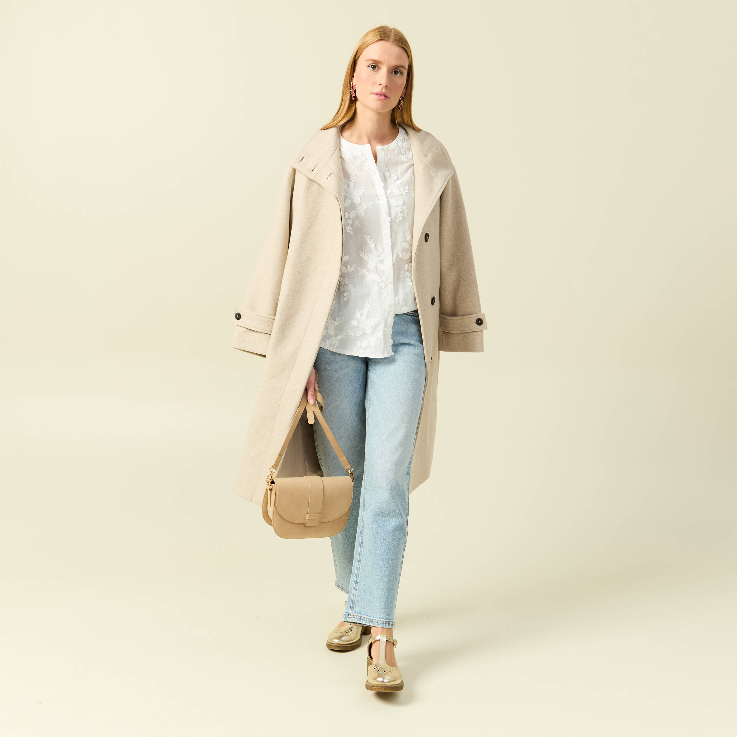 Jeans straight 7/8&egrave;me taille haute denim bleach femme
