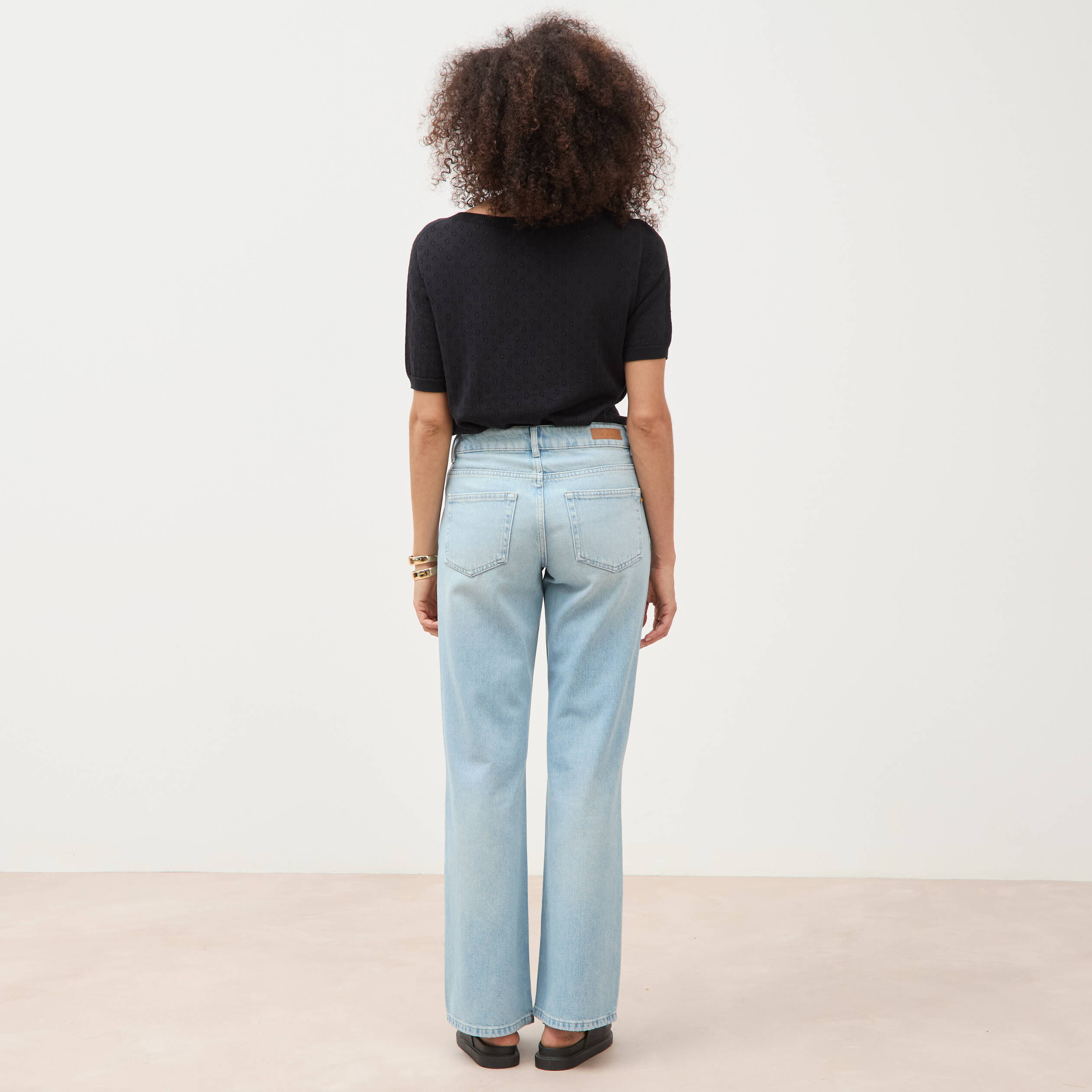 Jeans wide leg taille bascul&eacute;e bleu femme