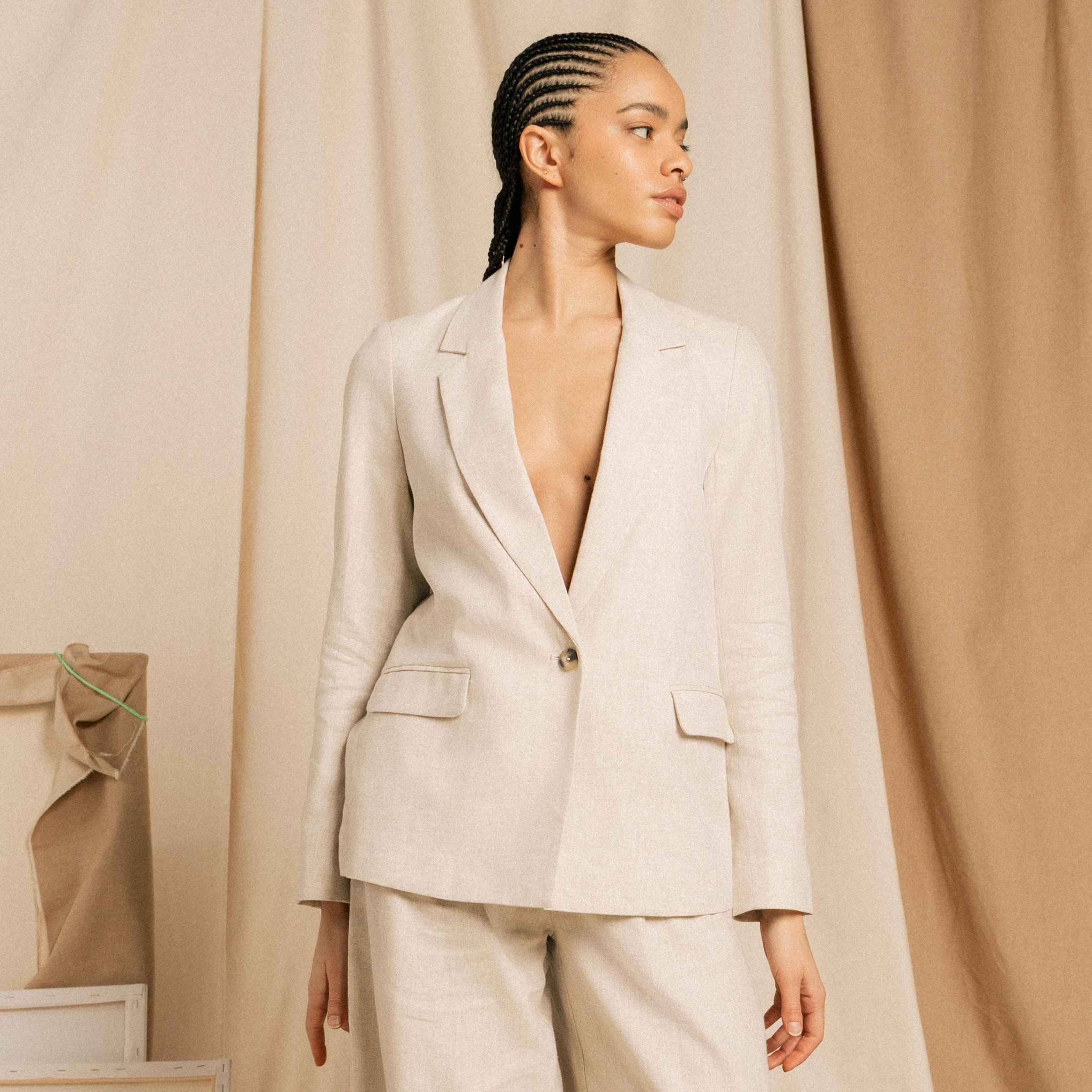 Blazer manches longues col tailleur sable femme