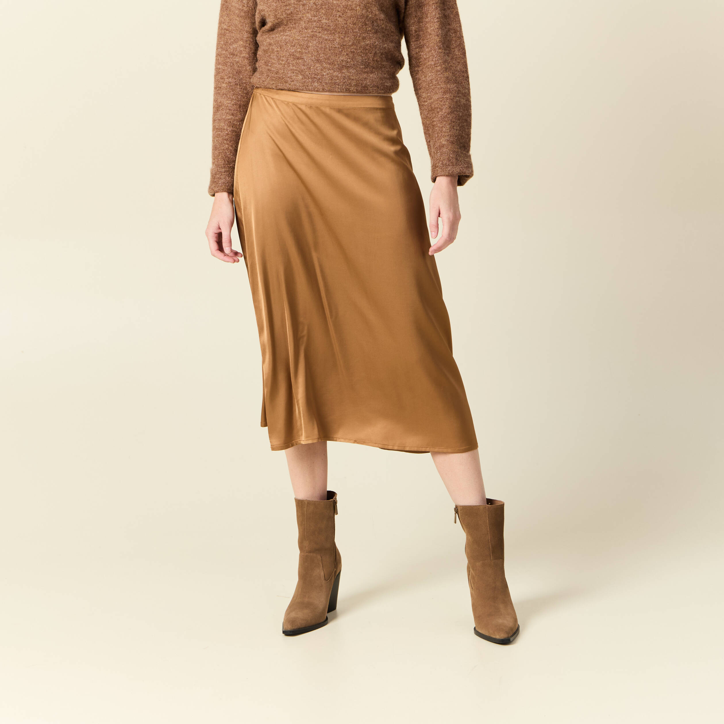 jupe midi droite satin marron clair femme Jupe midi droite satin marron clair femme
