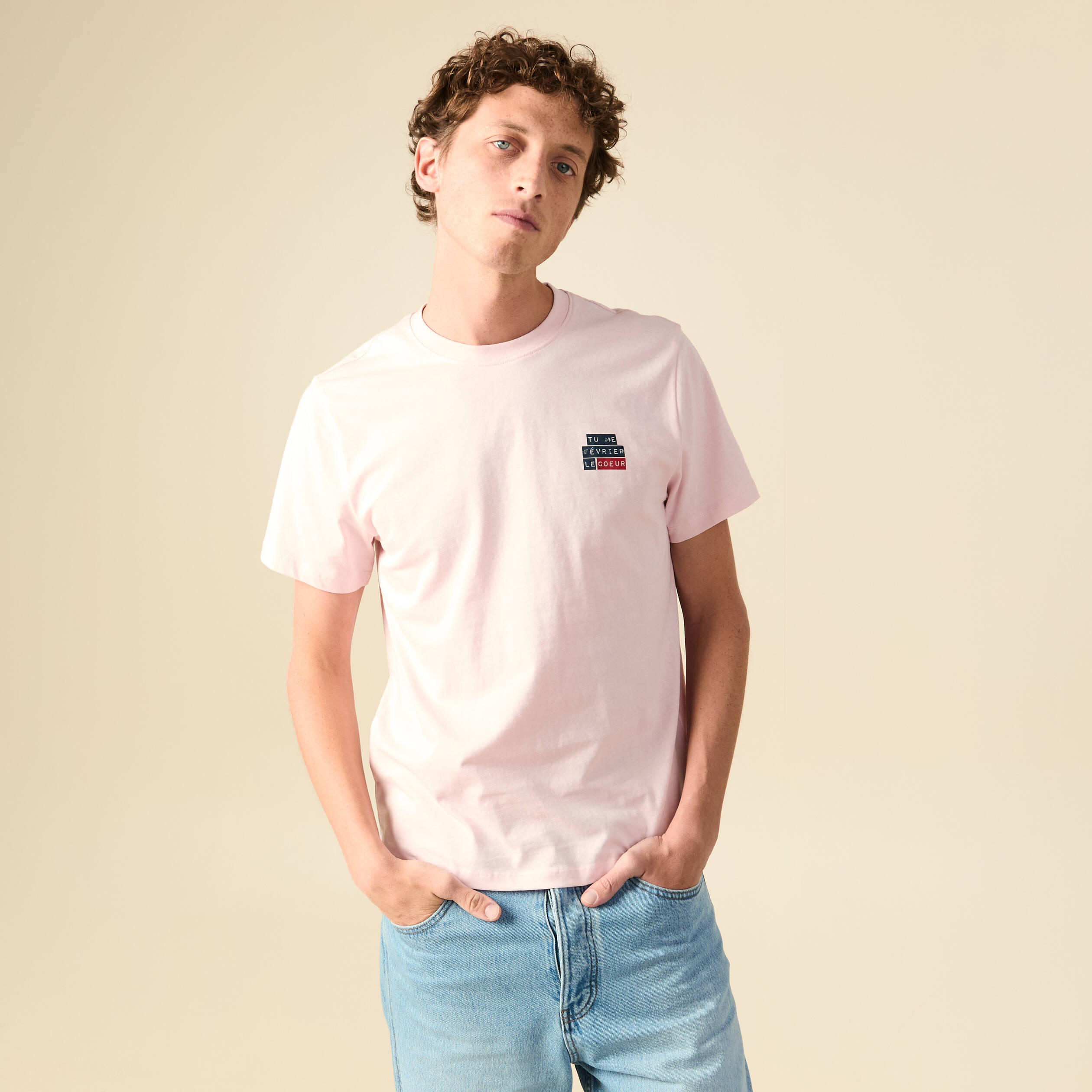 T-shirt en coton manches courtes rose poudr&eacute;e homme