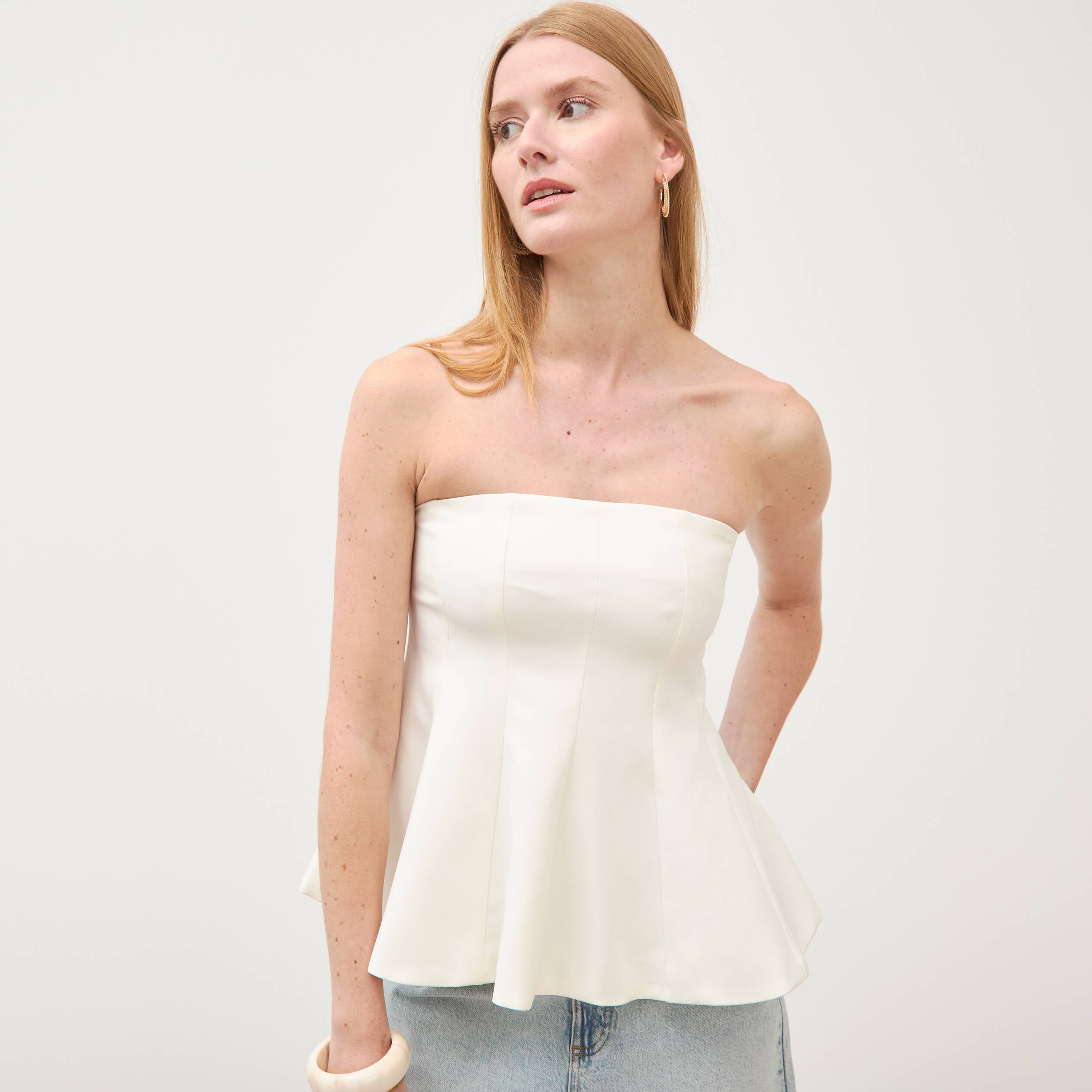 Top bustier &agrave; volants doubl&eacute; ecru femme