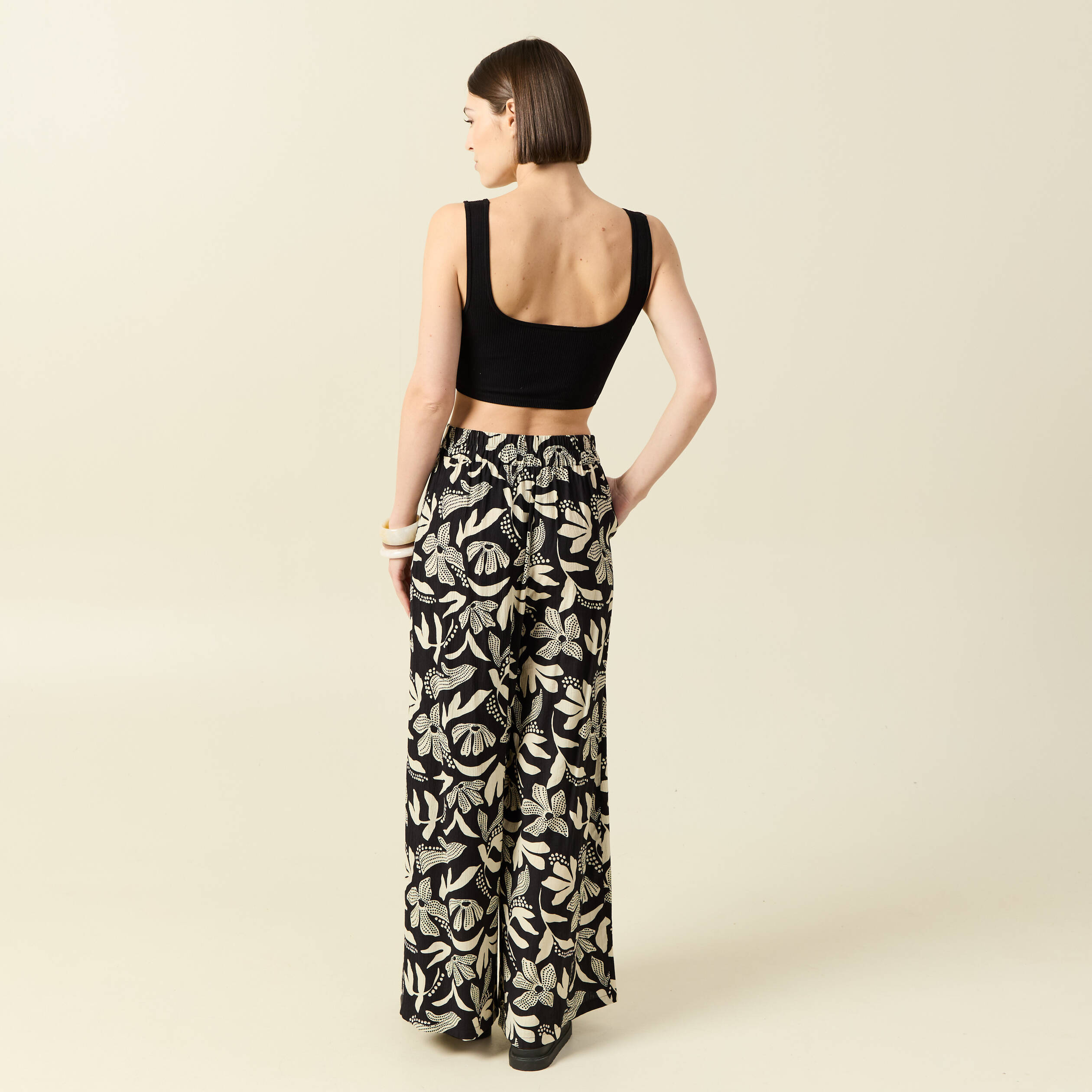 Pantalon large taille haute noir femme