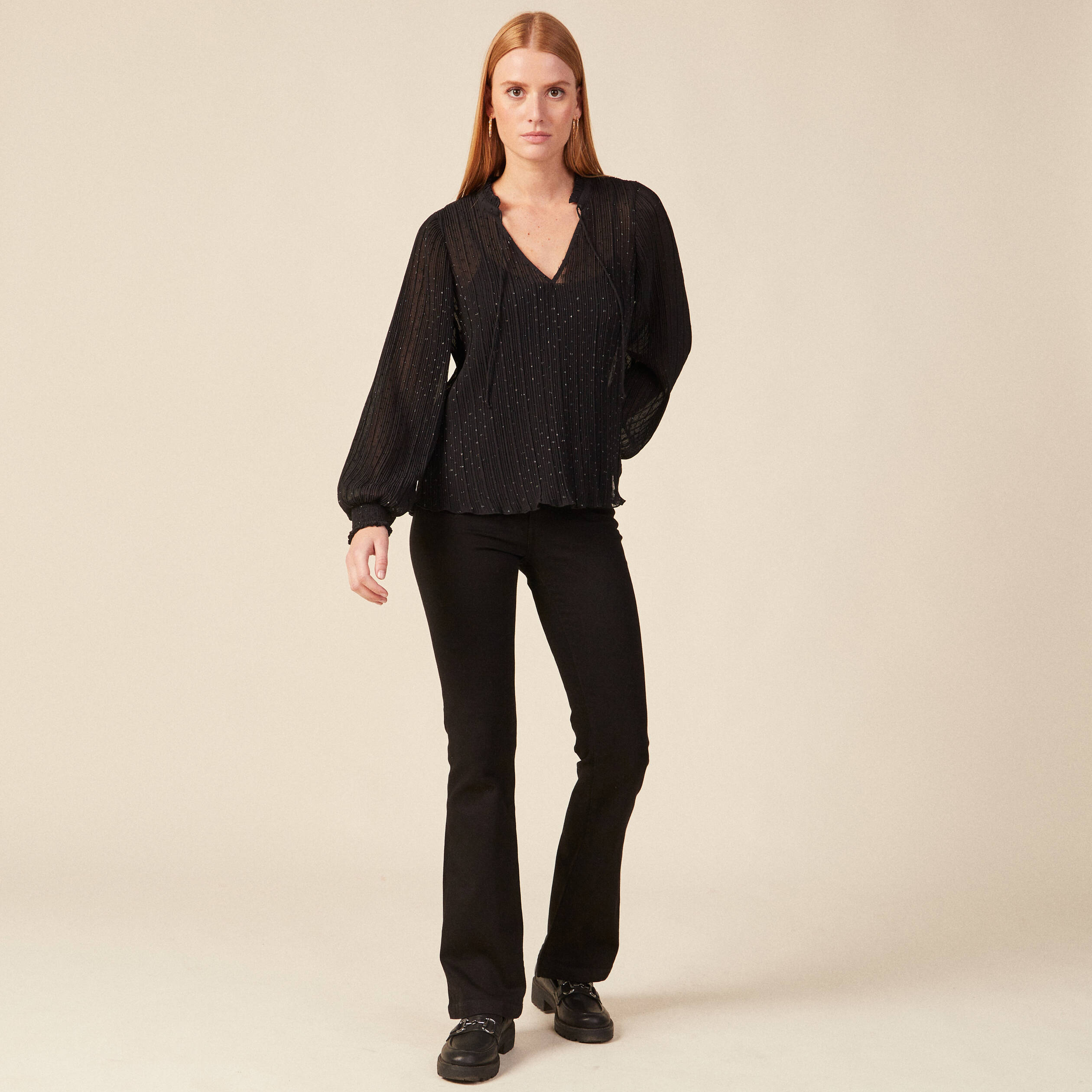 blouse manches longues plissee noir femme Blouse manches longues plissée noir femme