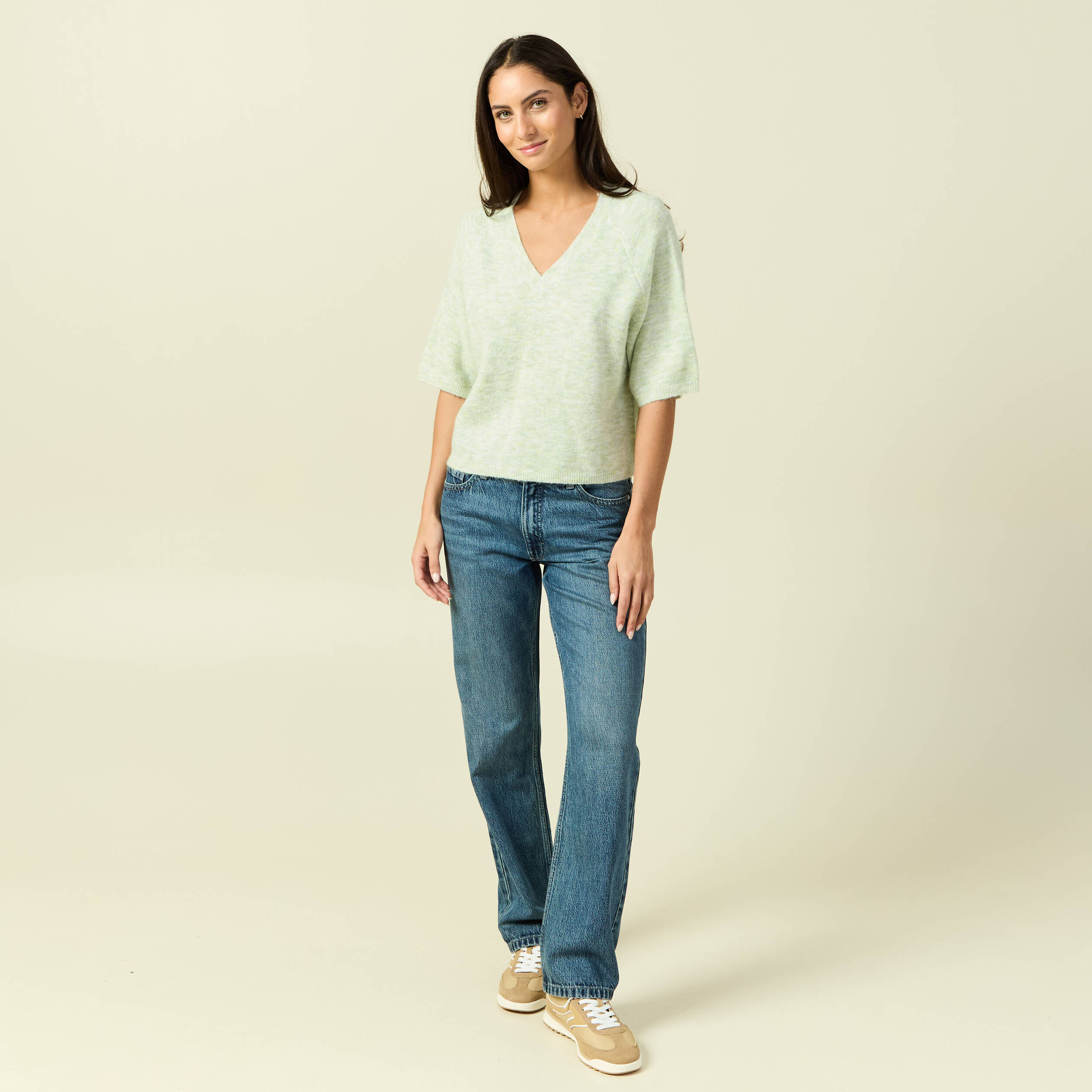 Pull col v manches 3/4 vert femme