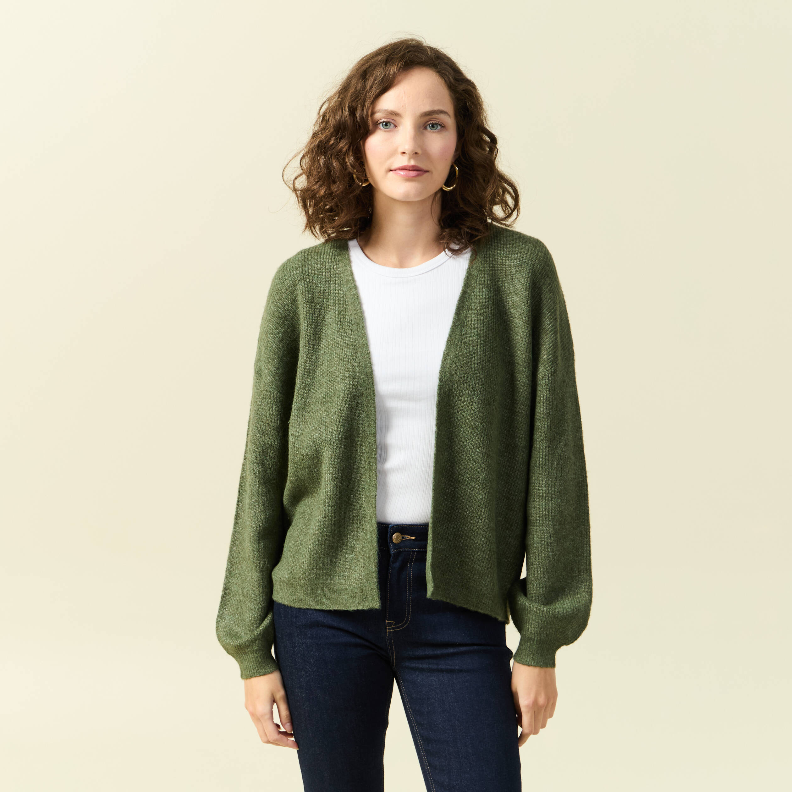 Gilet manches longues vert kaki femme