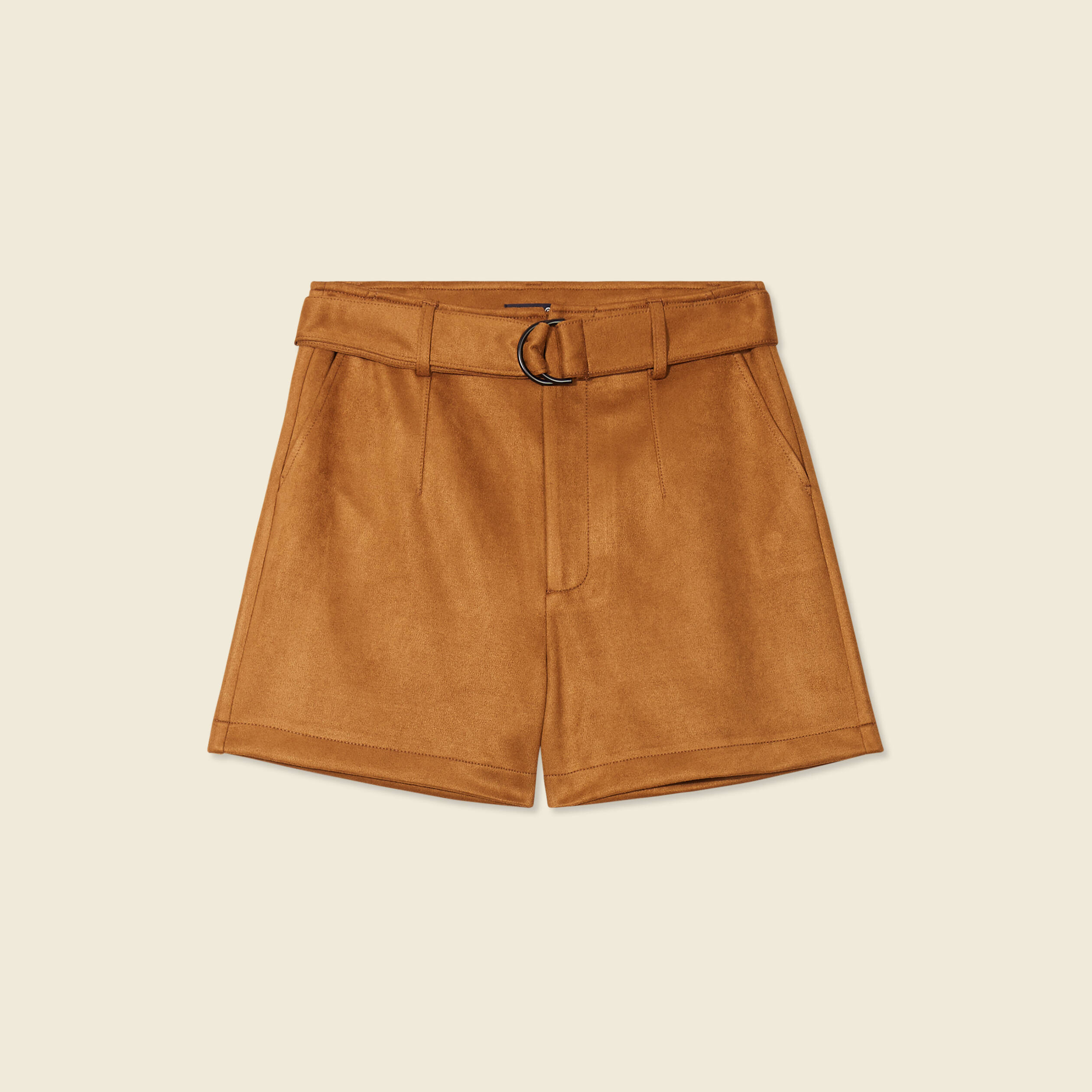 Short droit ceintur&eacute; su&eacute;dine marron femme