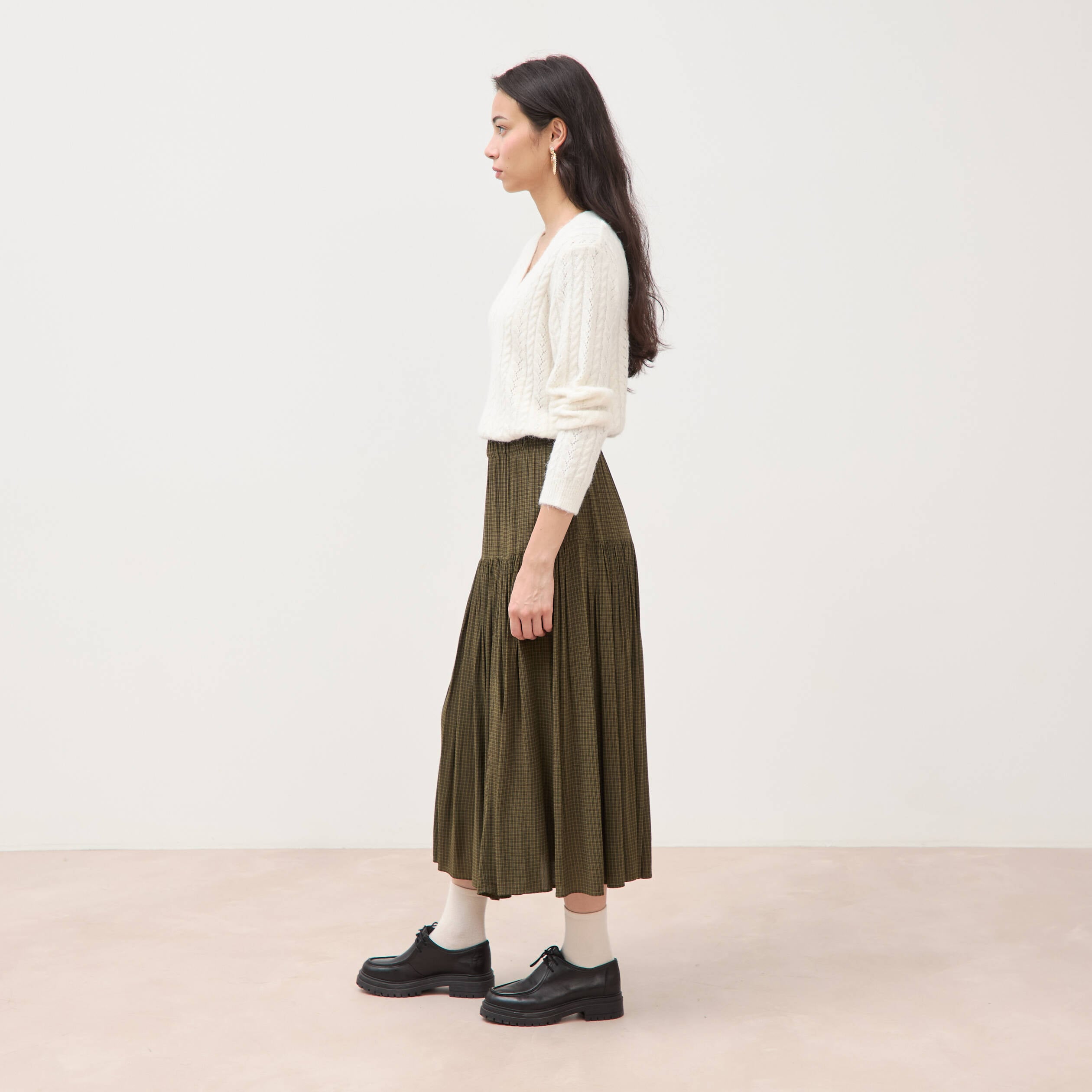 Pull droit col v manches longues ecru femme