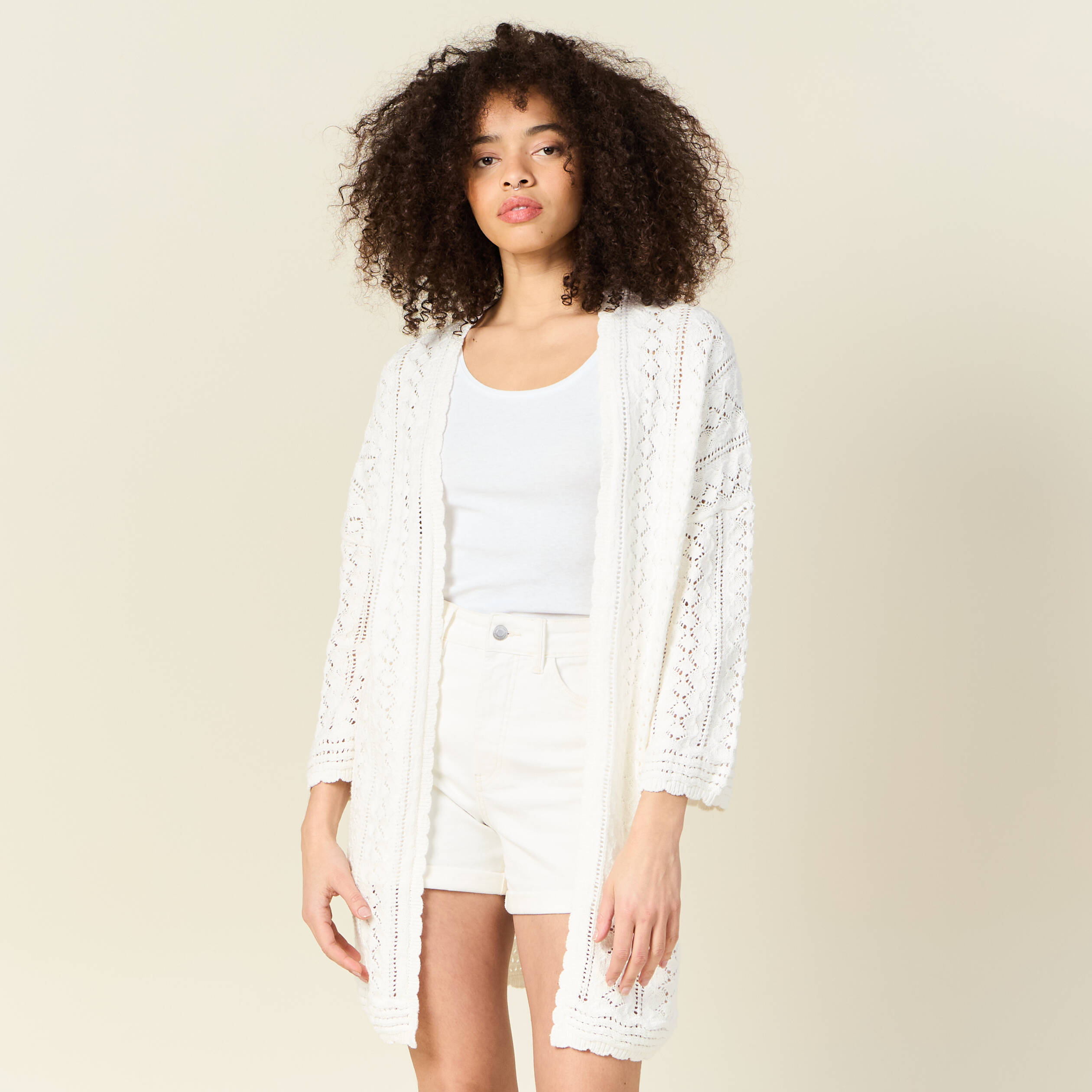 Gilet long ajour&eacute; ecru femme