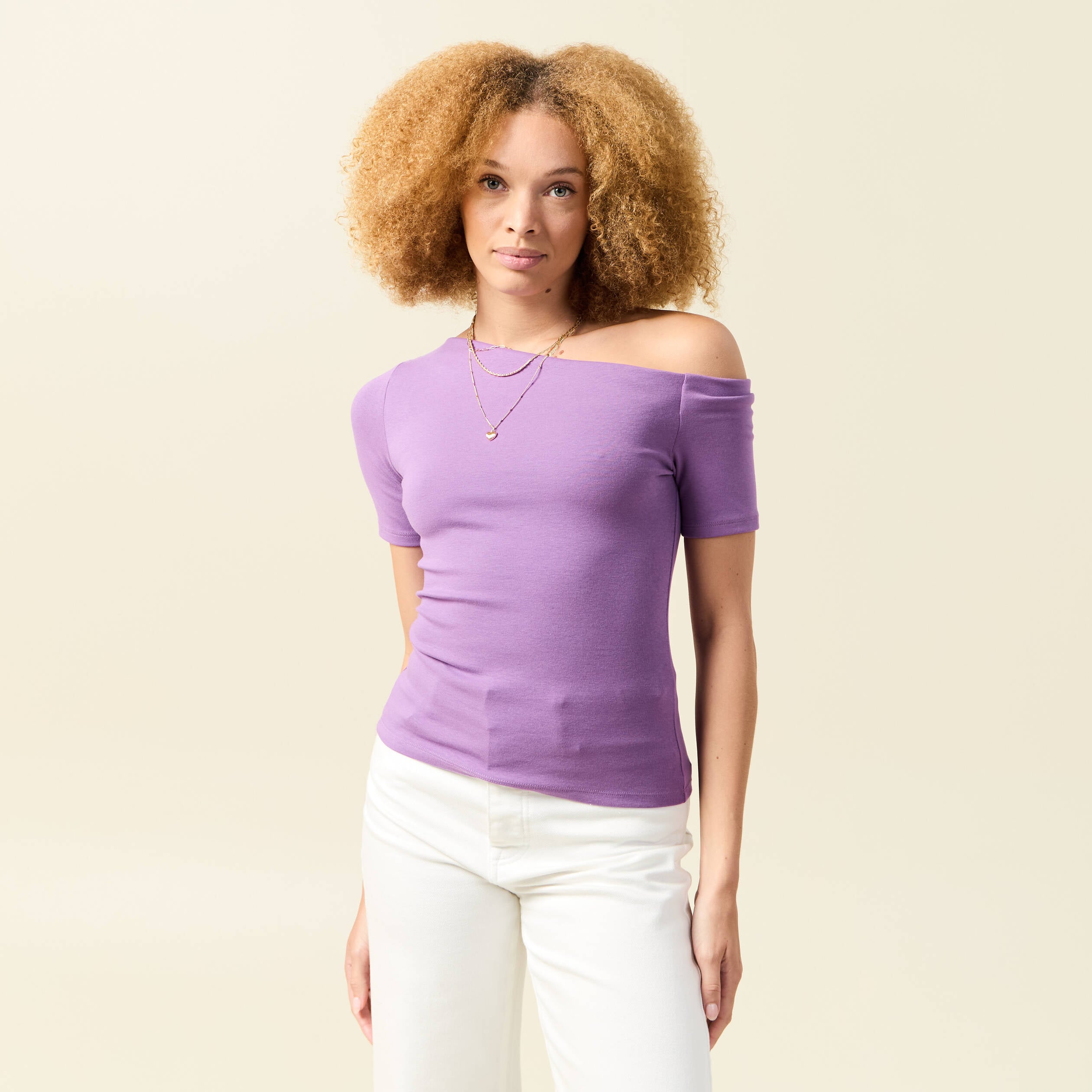 T-shirt asym&eacute;trique manches courtes violet femme