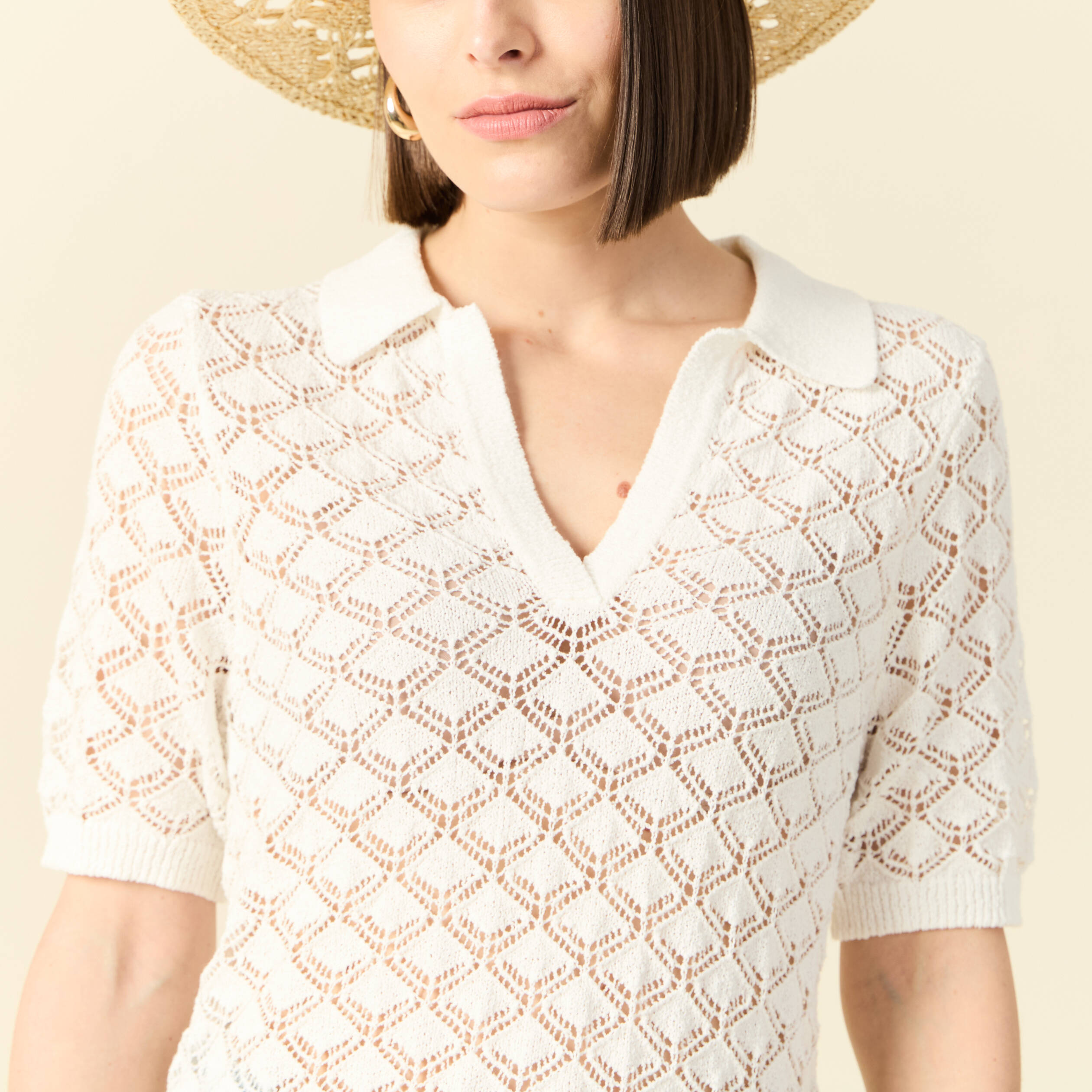 Pull manches courtes ajour&eacute; blanc femme