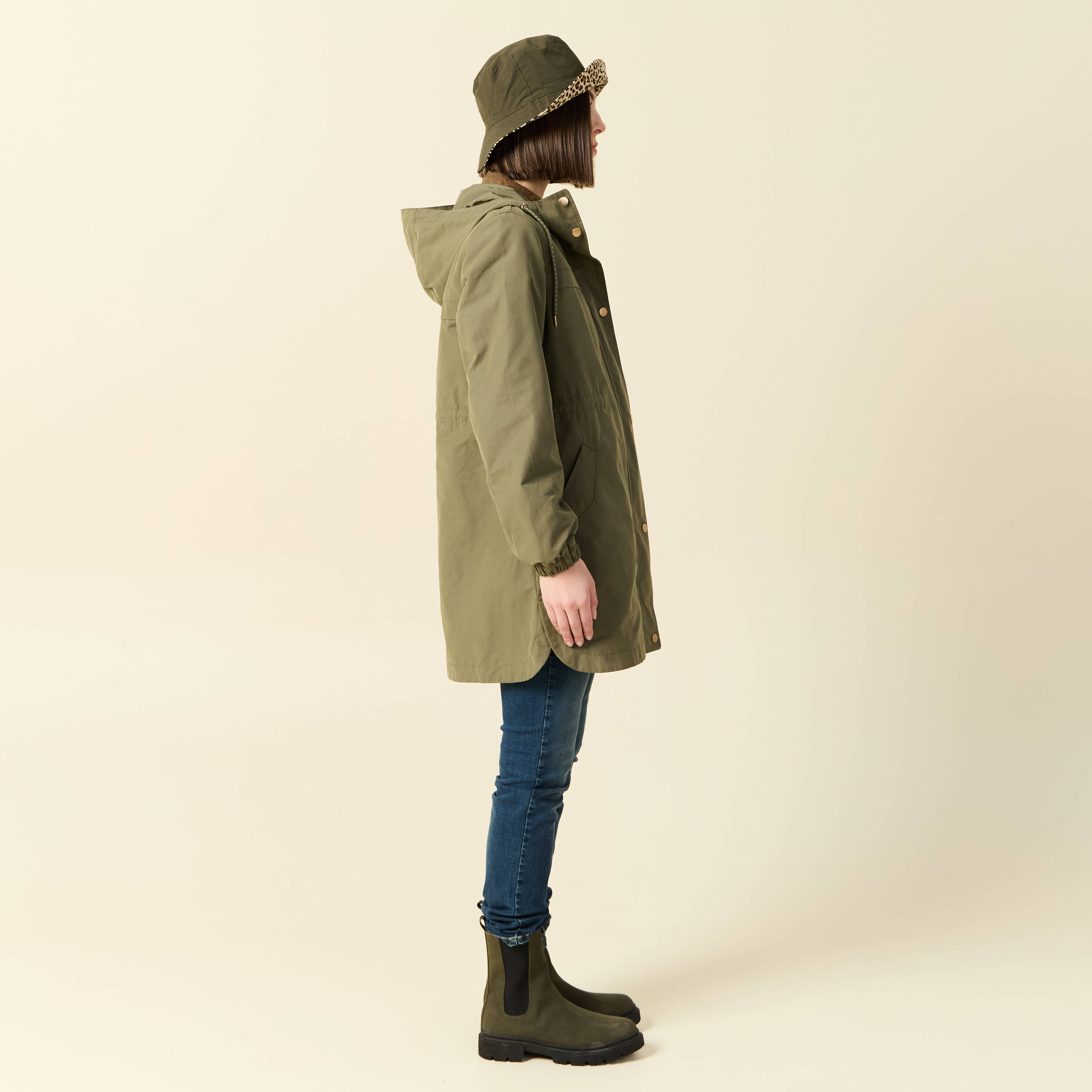Parka longue &agrave; capuche vert kaki femme
