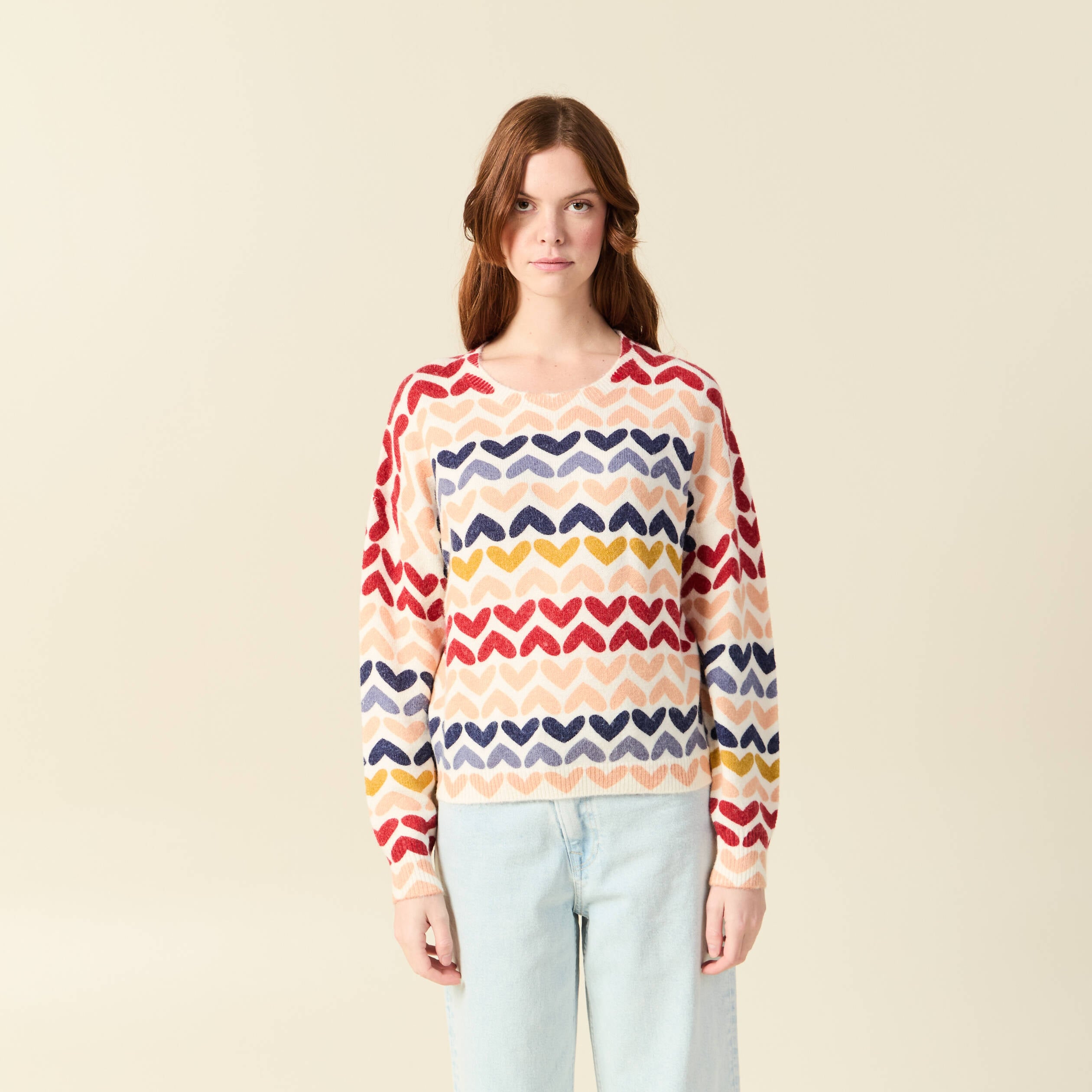 Pull col rond manches longues ecru femme