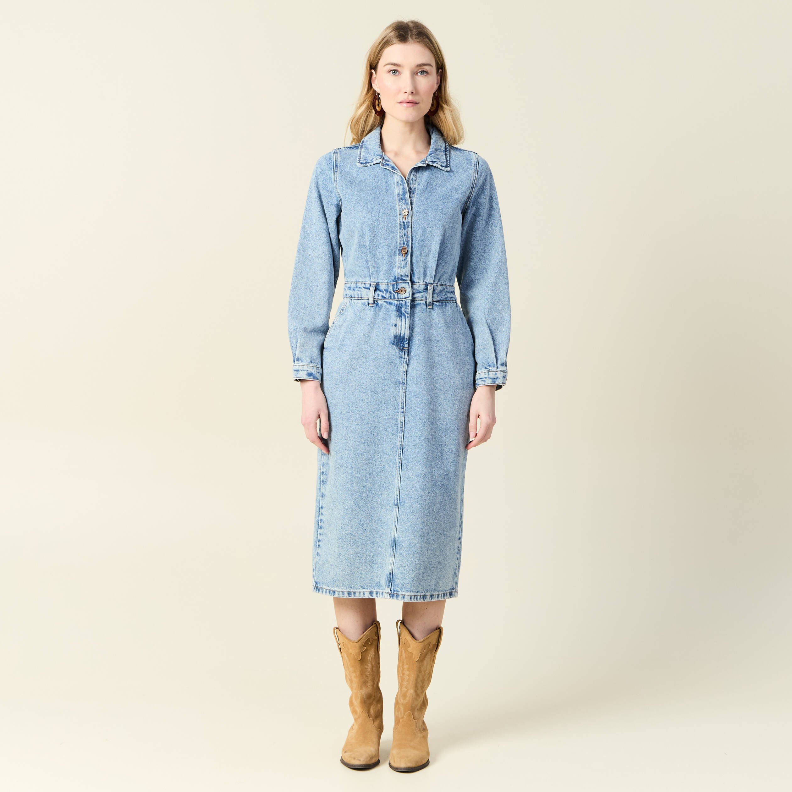 Robe midi droite en jean denim used femme