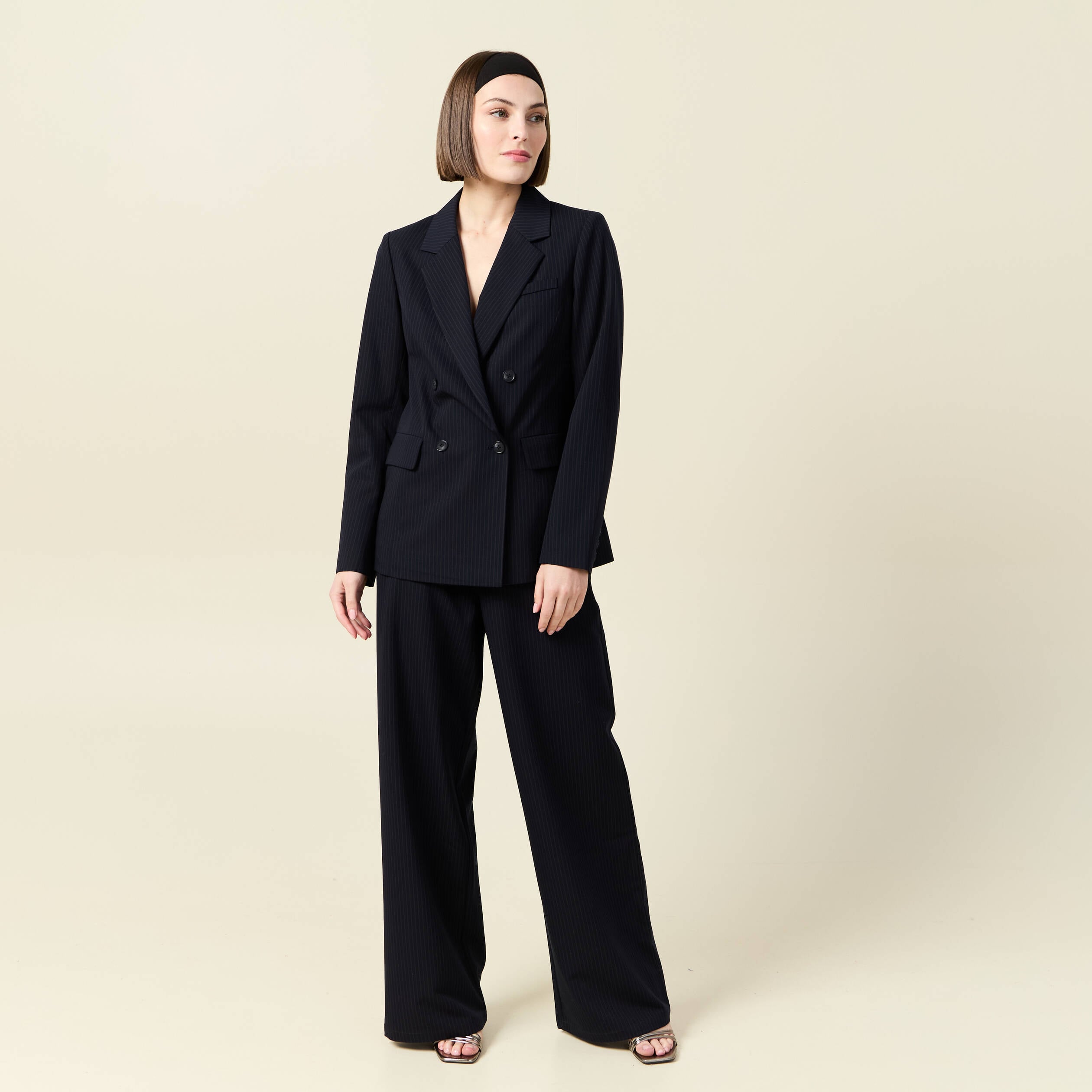 Pantalon large taille haute fluide bleu marine femme