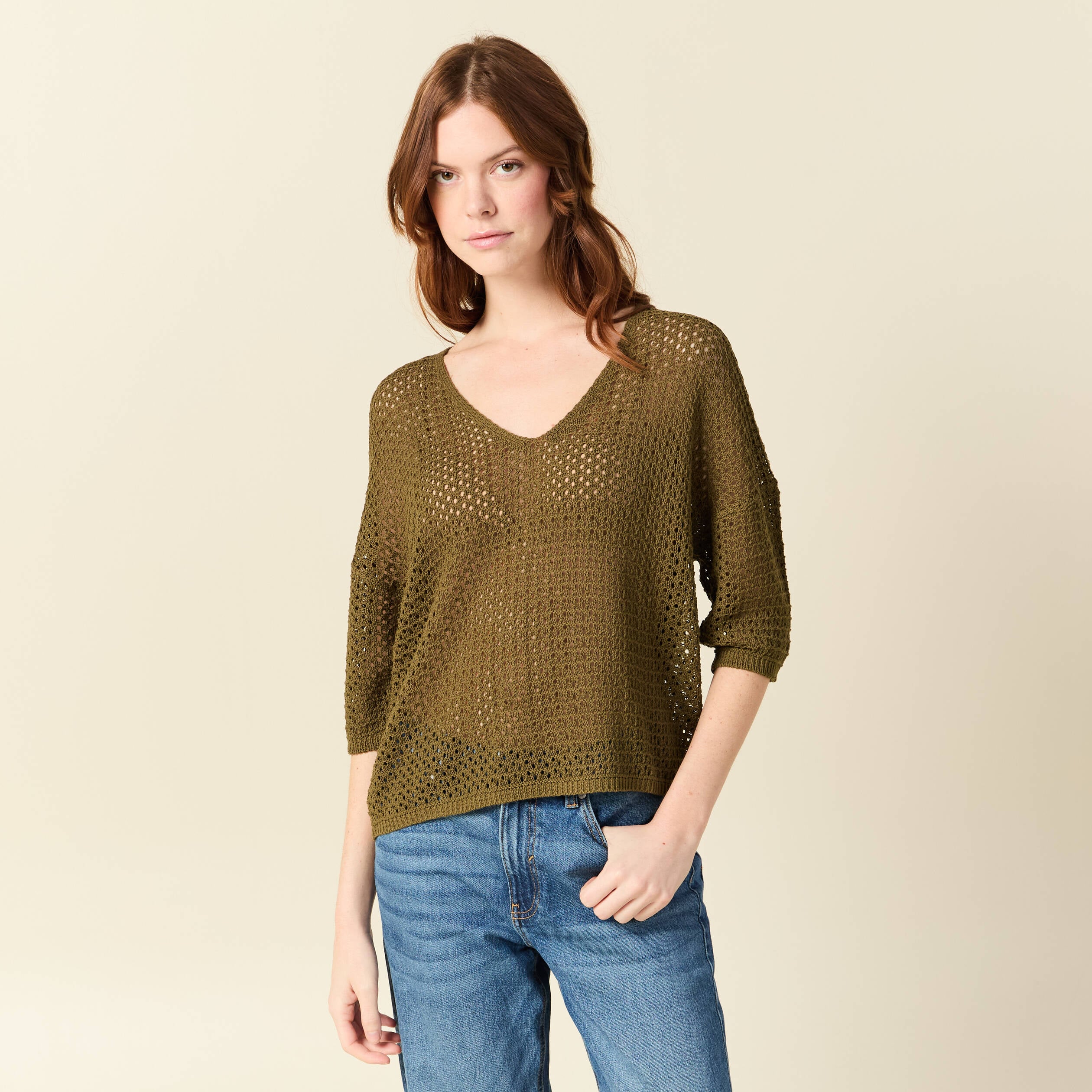 Pull ajour&eacute; col v manches 3/4 vert olive femme