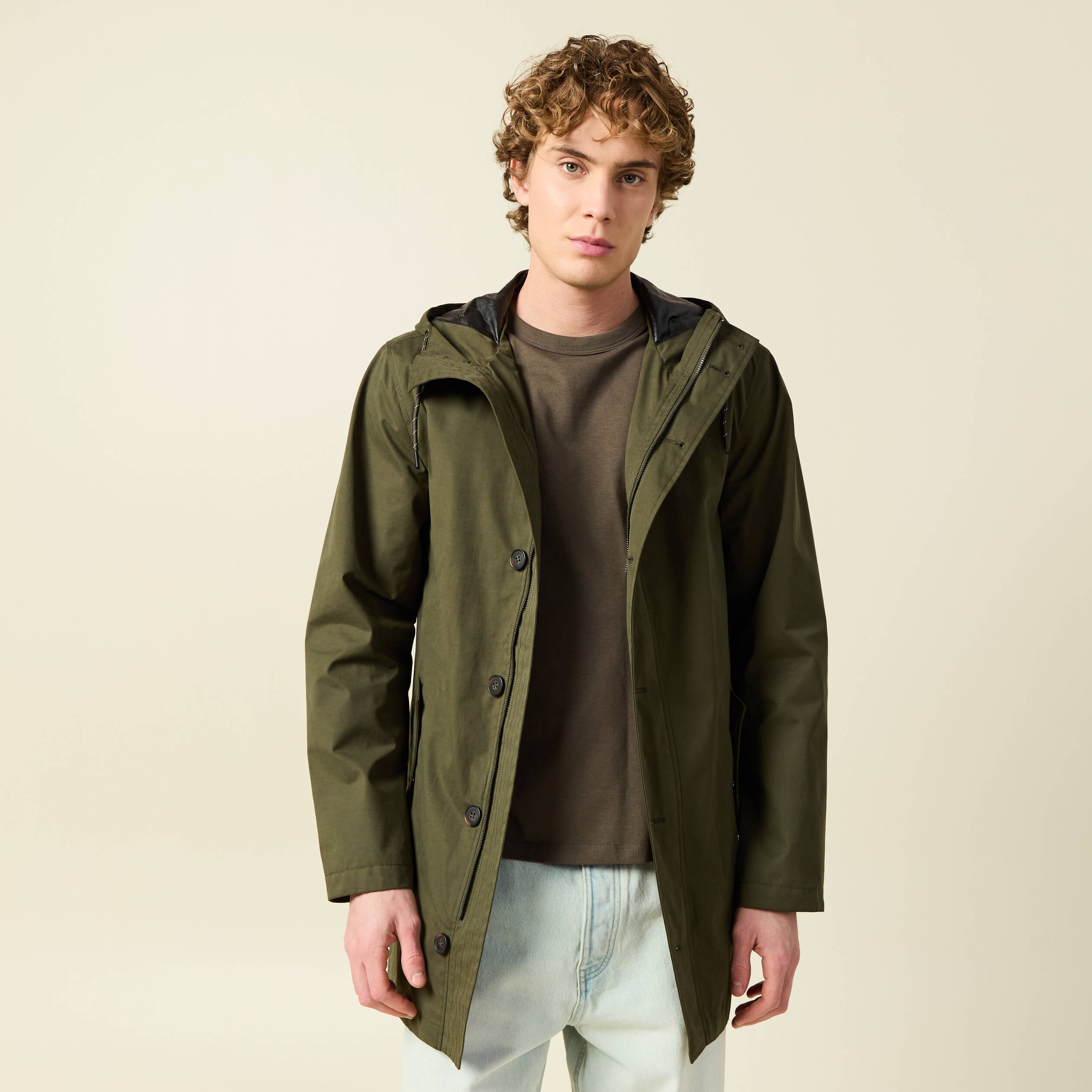 Parka d&eacute;perlante droite mi-longue vert kaki homme