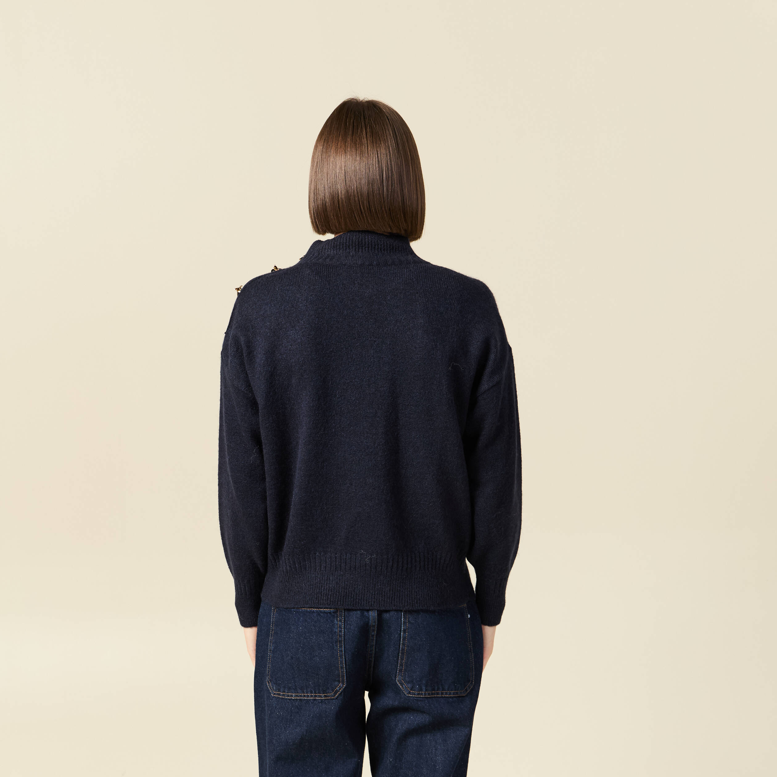 Pull col montant manches longues bleu marine femme