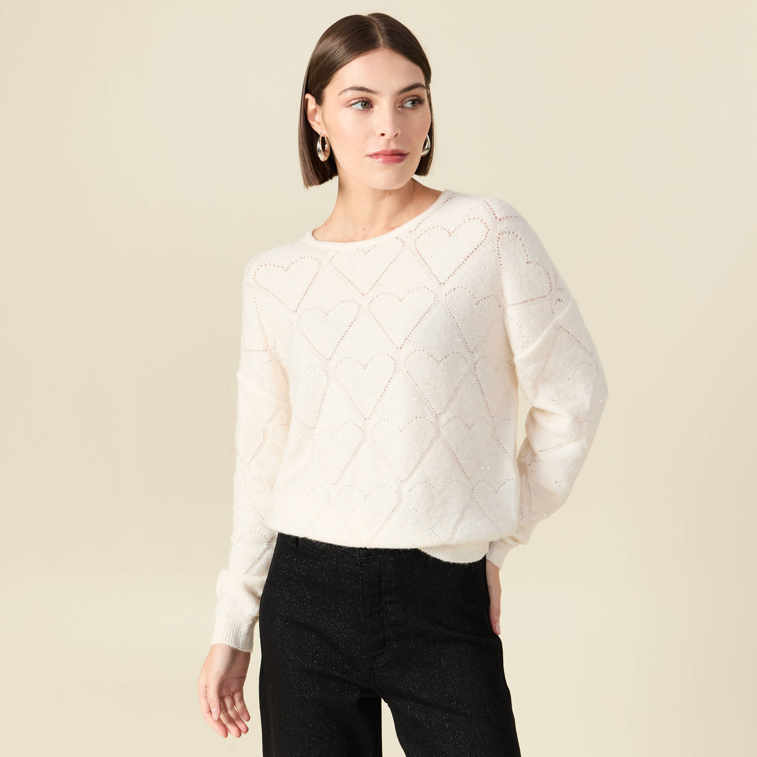 Pull manches longues col rond brillant ecru femme