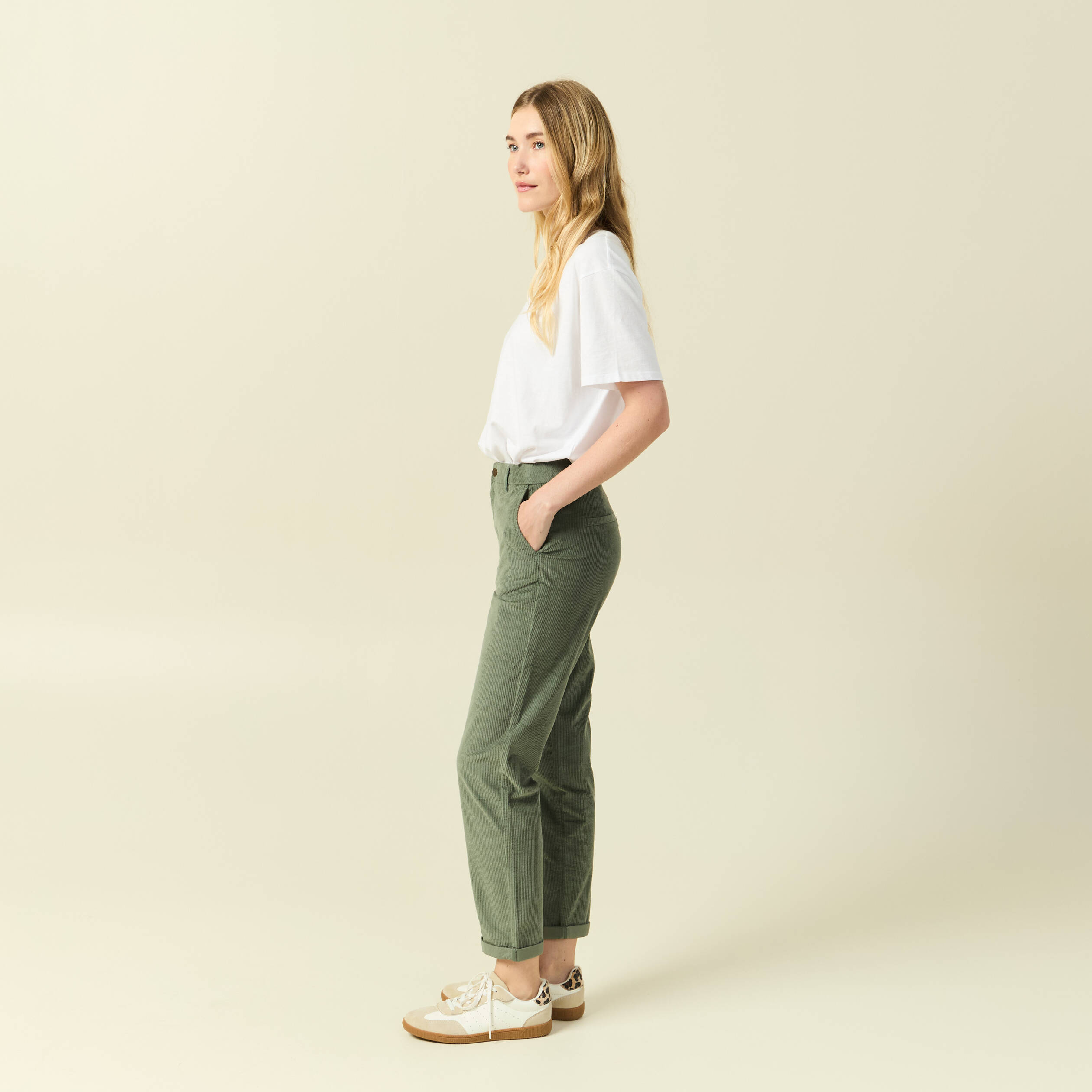 Pantalon large 7/8&egrave;me taille haute vert kaki femme
