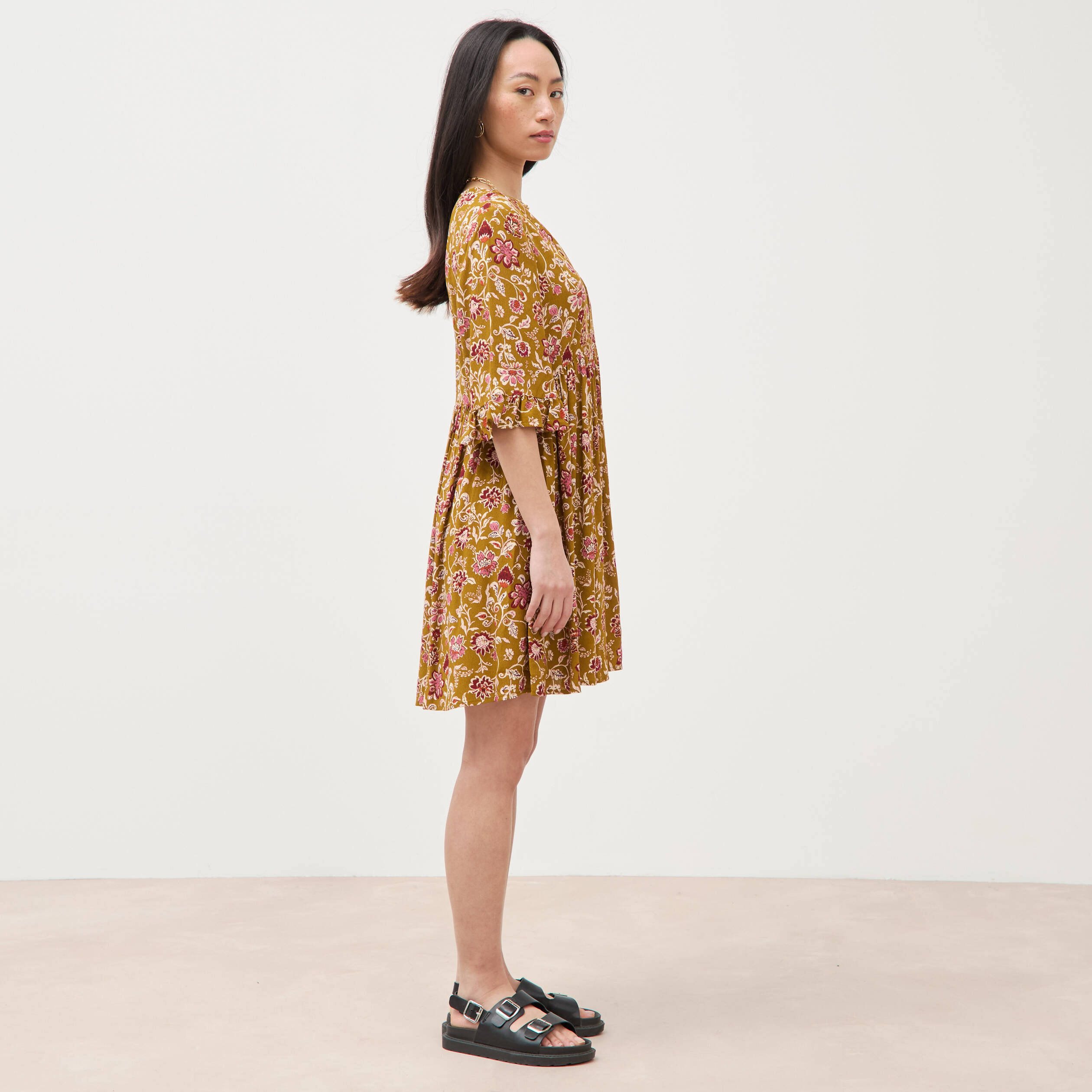 Robe col v manches au coude vert olive femme