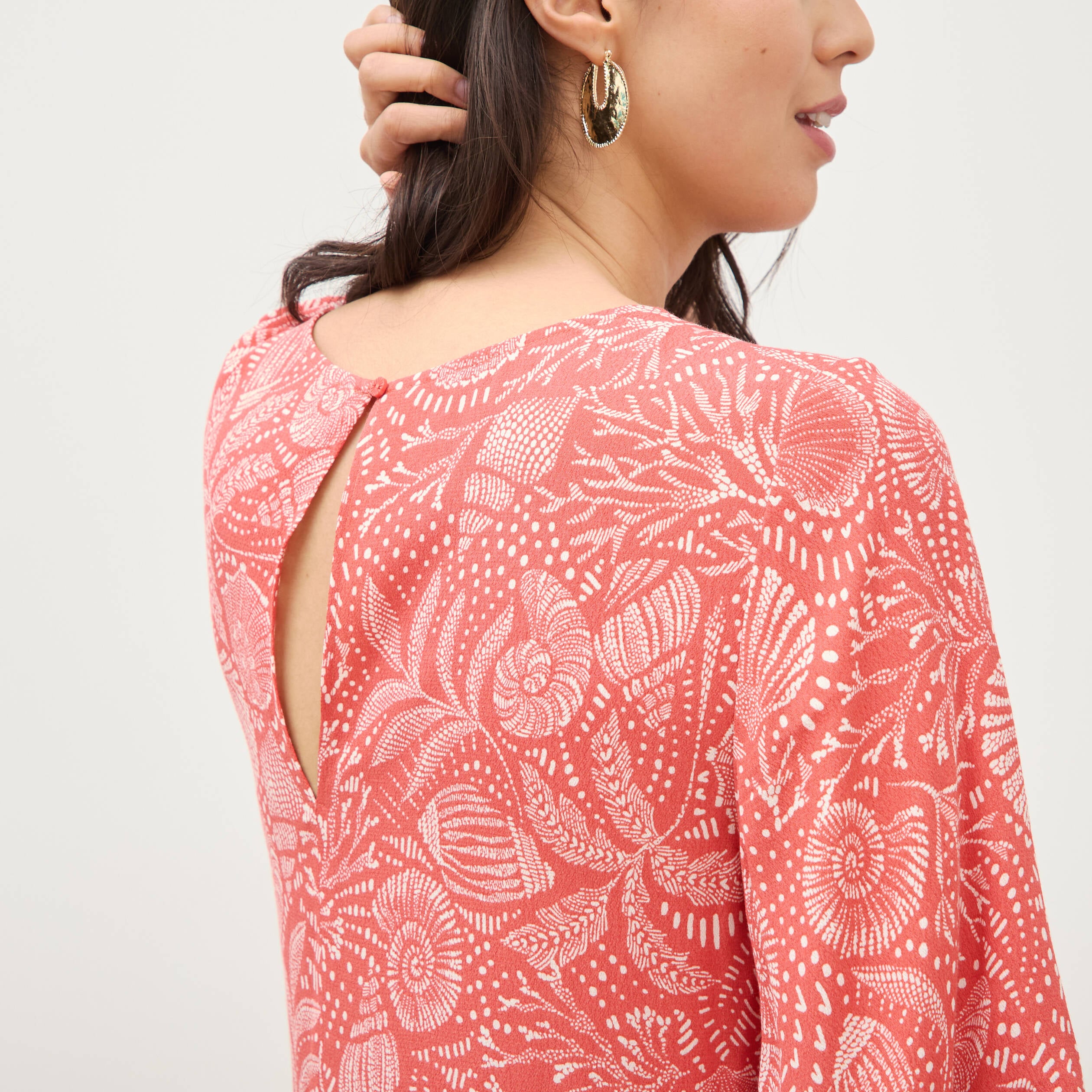 Robe fluide col rond manches coude orange corail femme