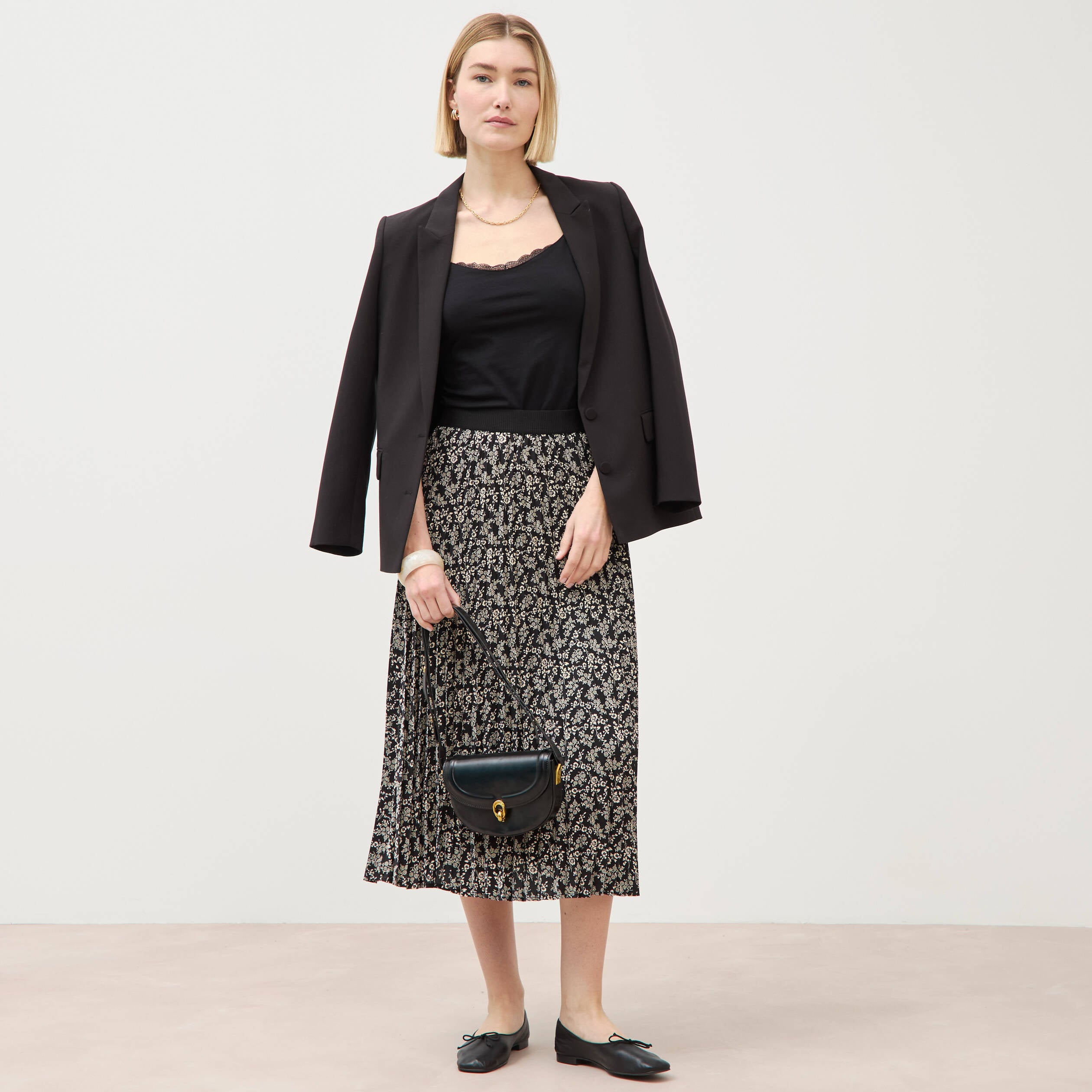 Jupe longue droite pliss&eacute;e noir femme