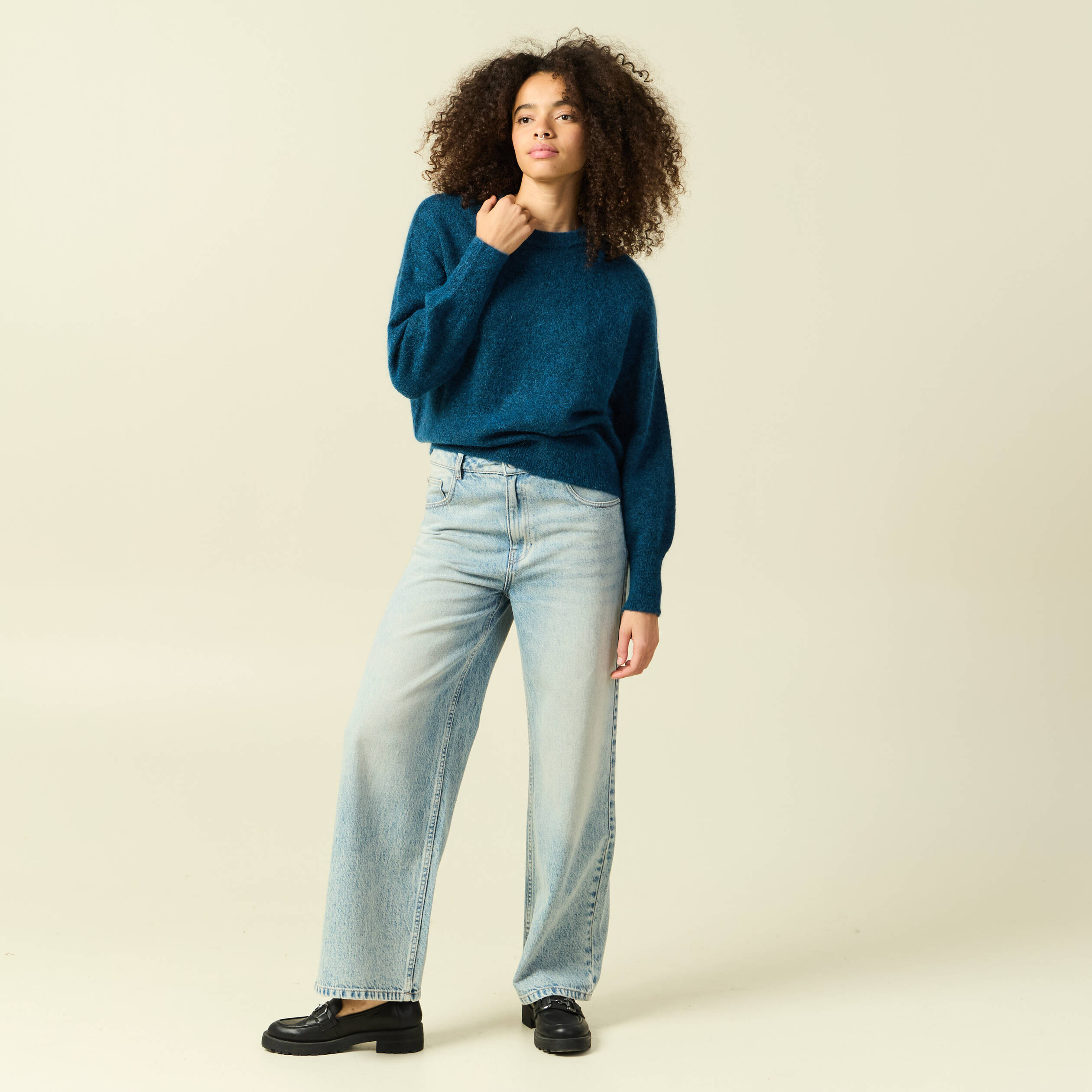 Pull col rond manches longues bleu canard femme