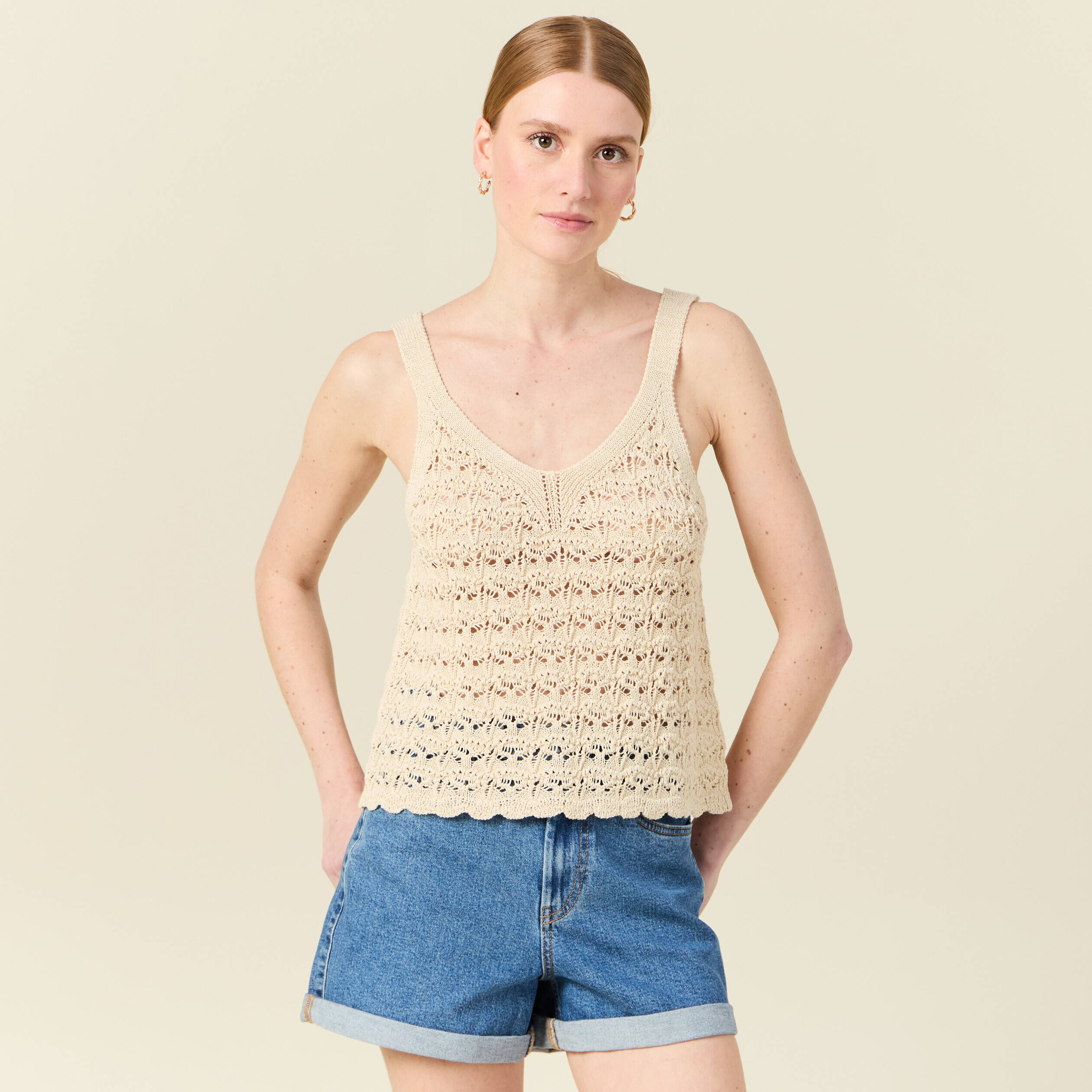 debardeur tricot ajoure creme femme Débardeur tricot ajouré creme femme