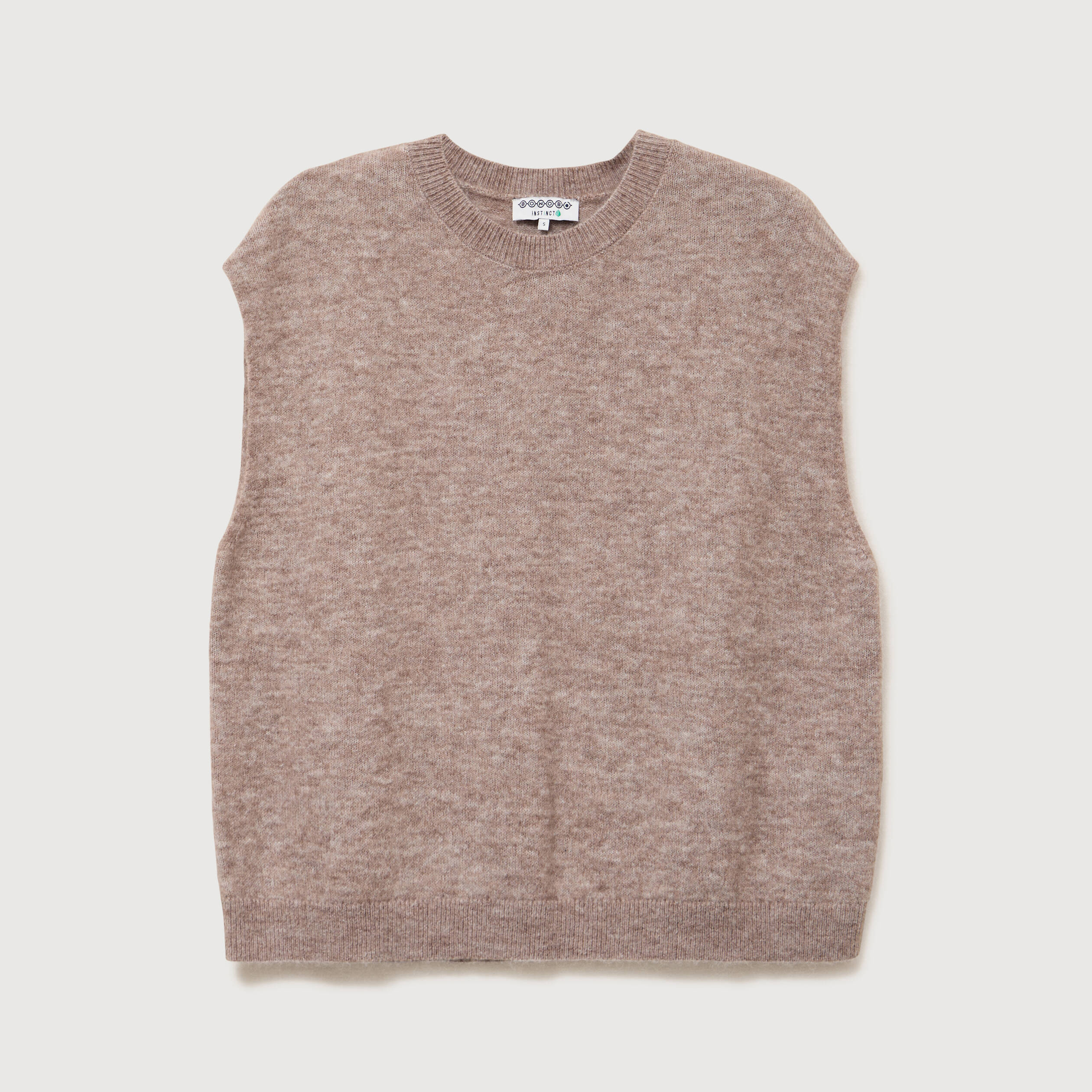 Pull droit court sans manches col rond marron clair femme