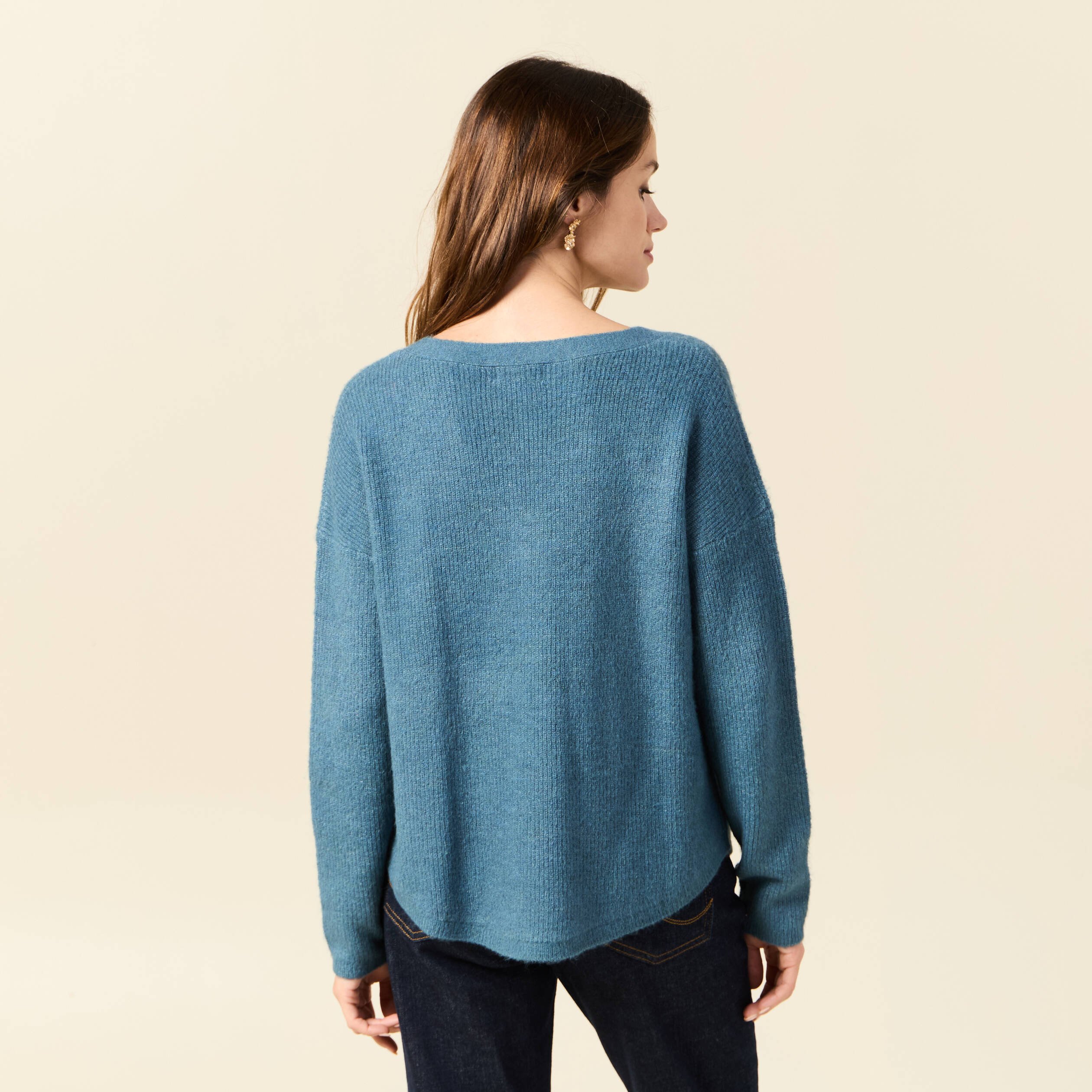 pull manches longues col en v bleu gris femme Pull manches longues col en V bleu gris femme