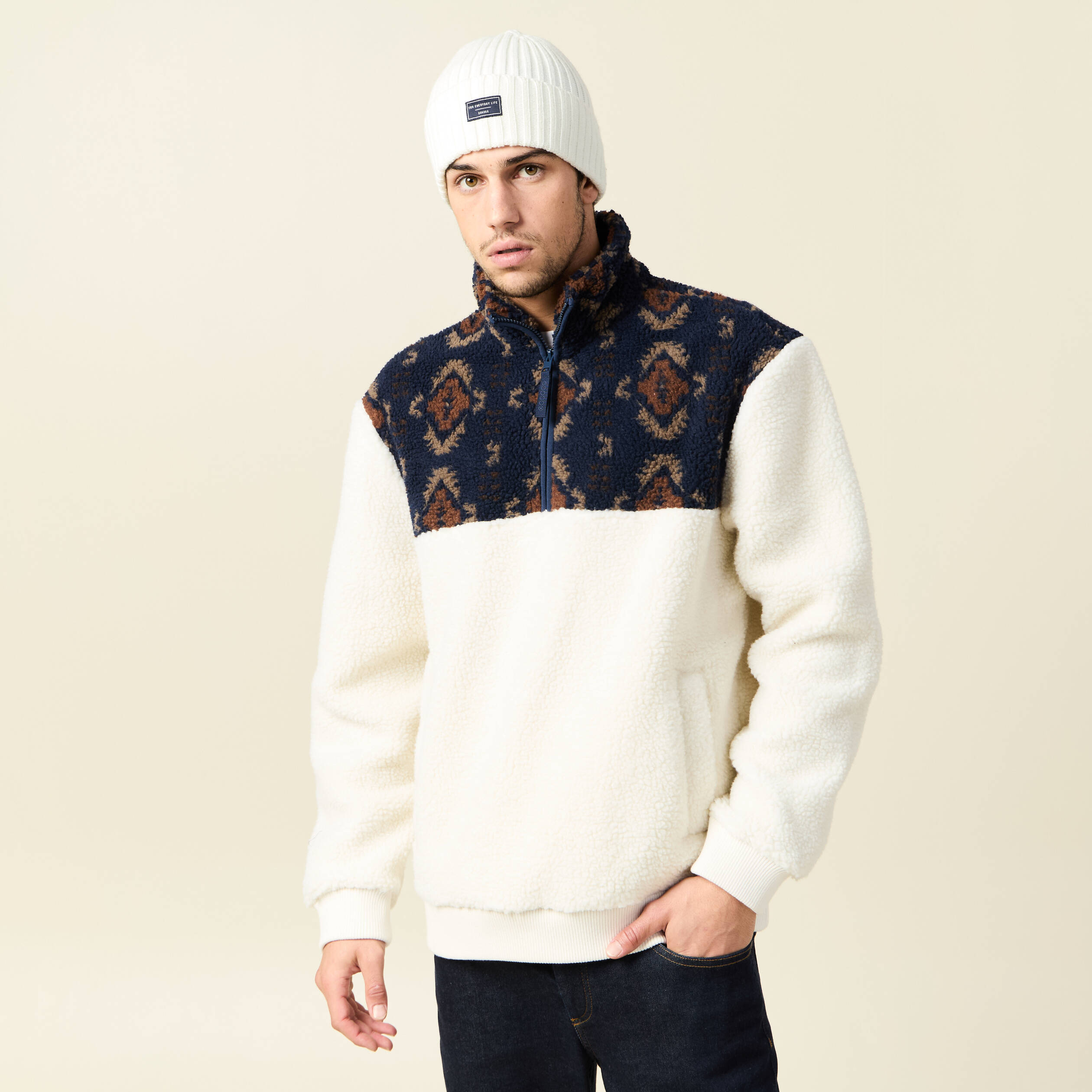 Sweat col camionneur ecru homme