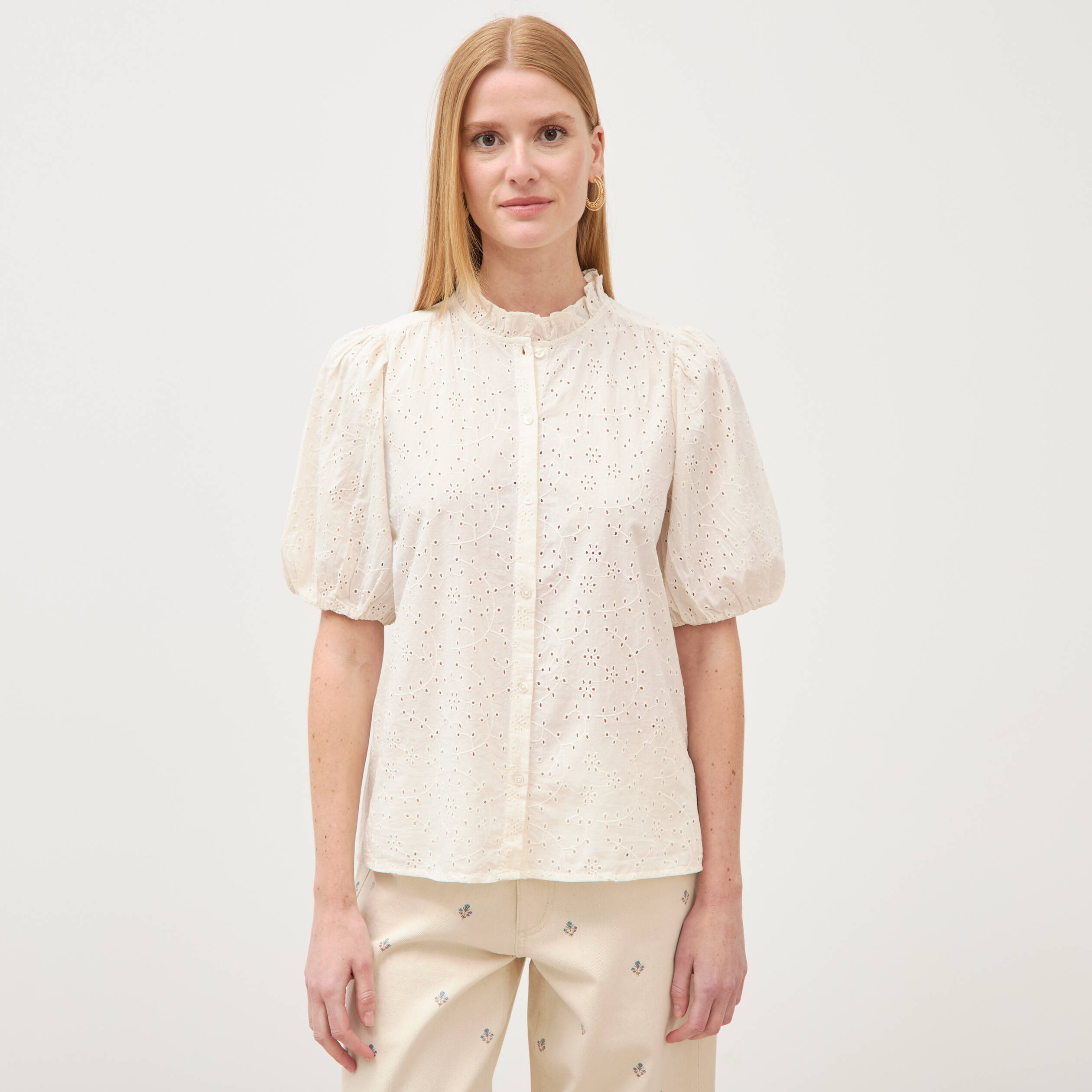 Chemise en coton manches coude creme femme