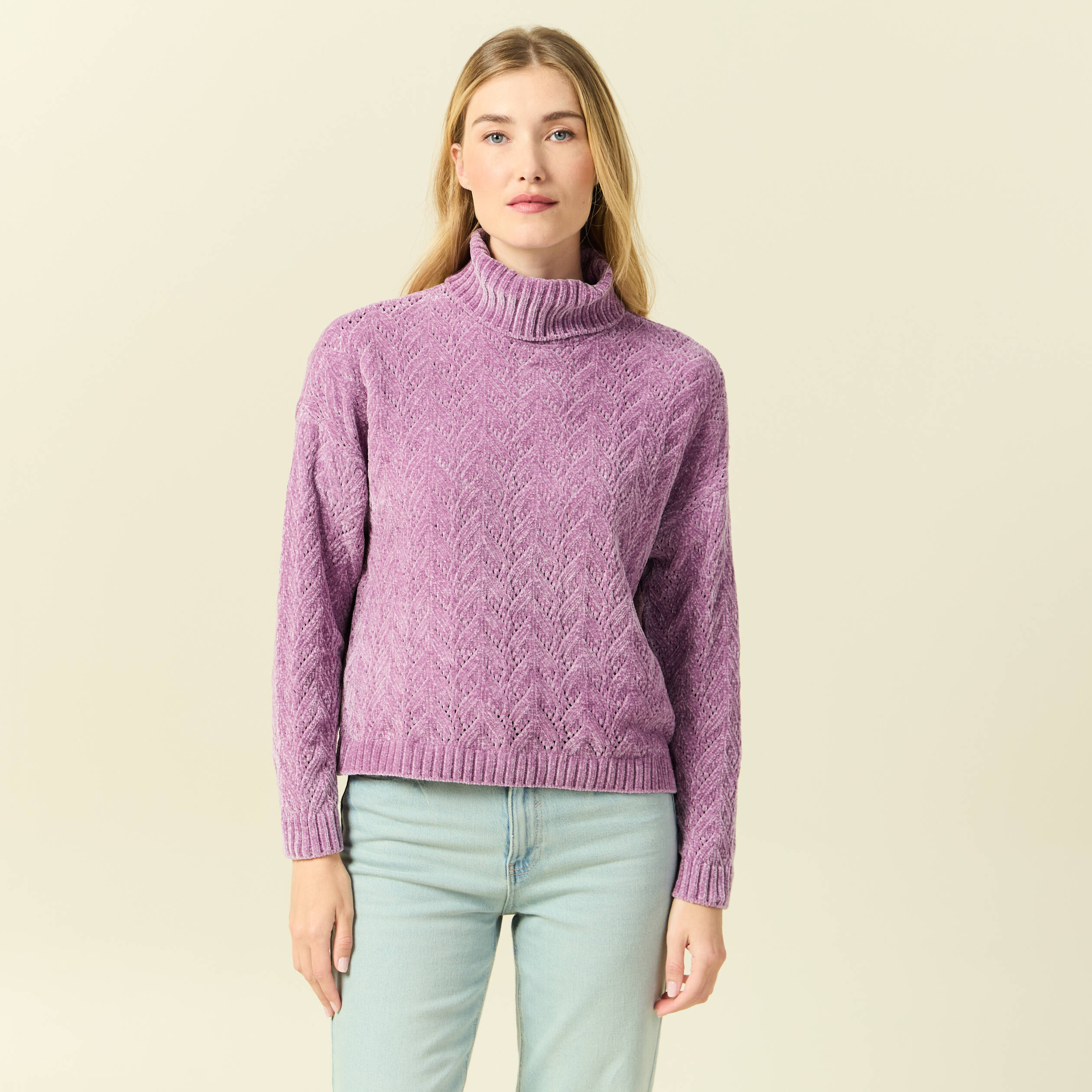 Pull col roul&eacute; manches longues mauve femme