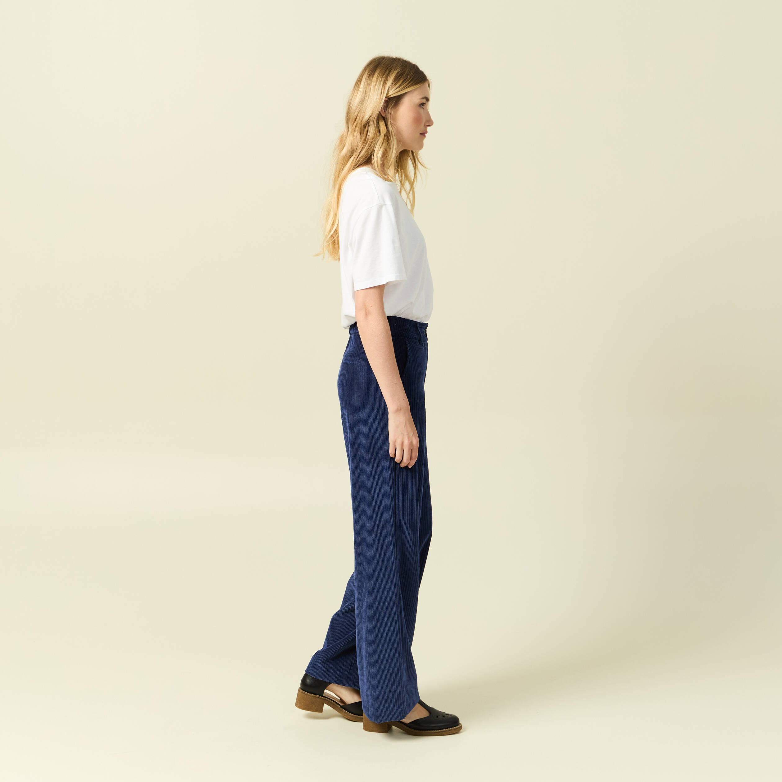 Pantalon large taille haute en velours bleu marine femme