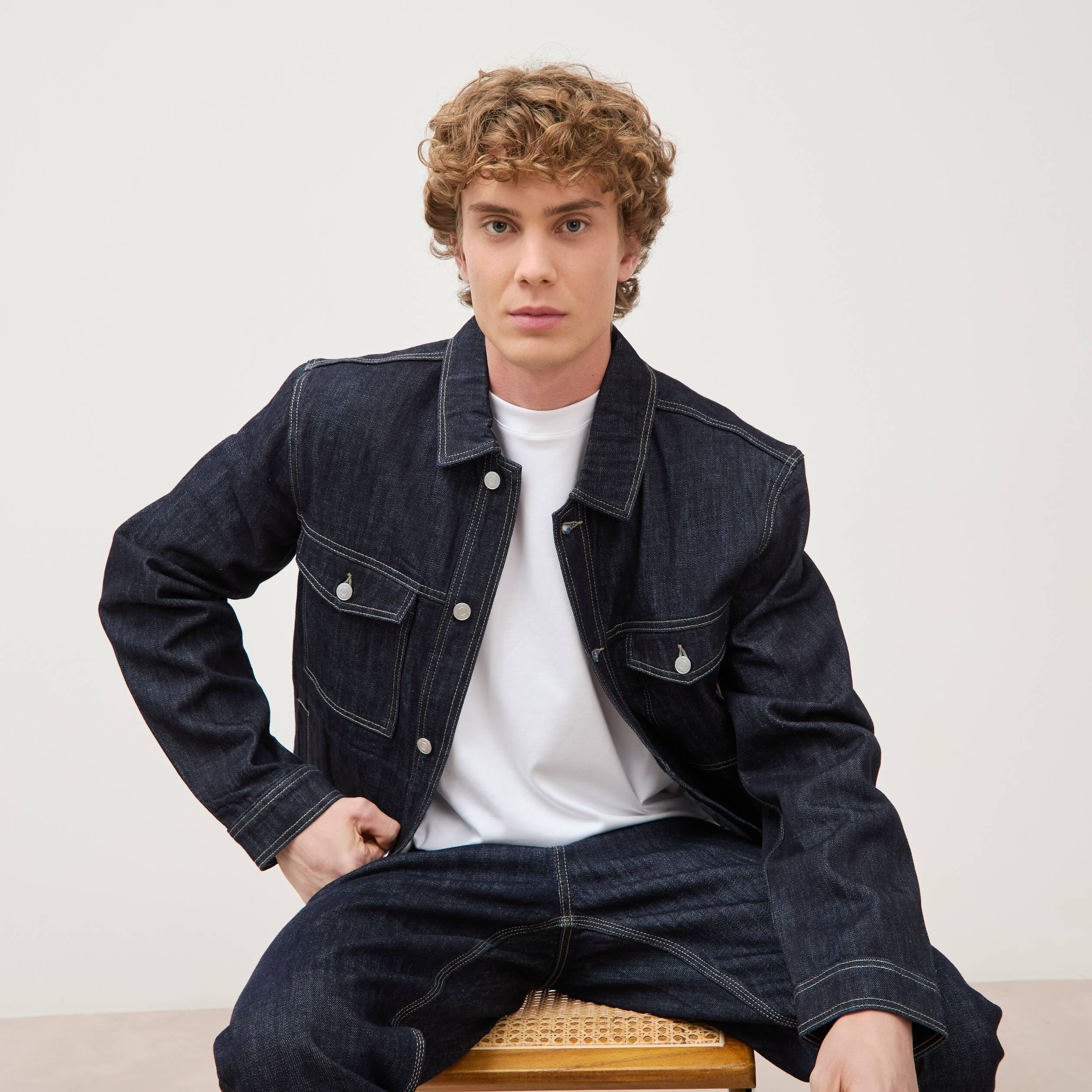 Veste droite en coton col classique denim brut rinse homme
