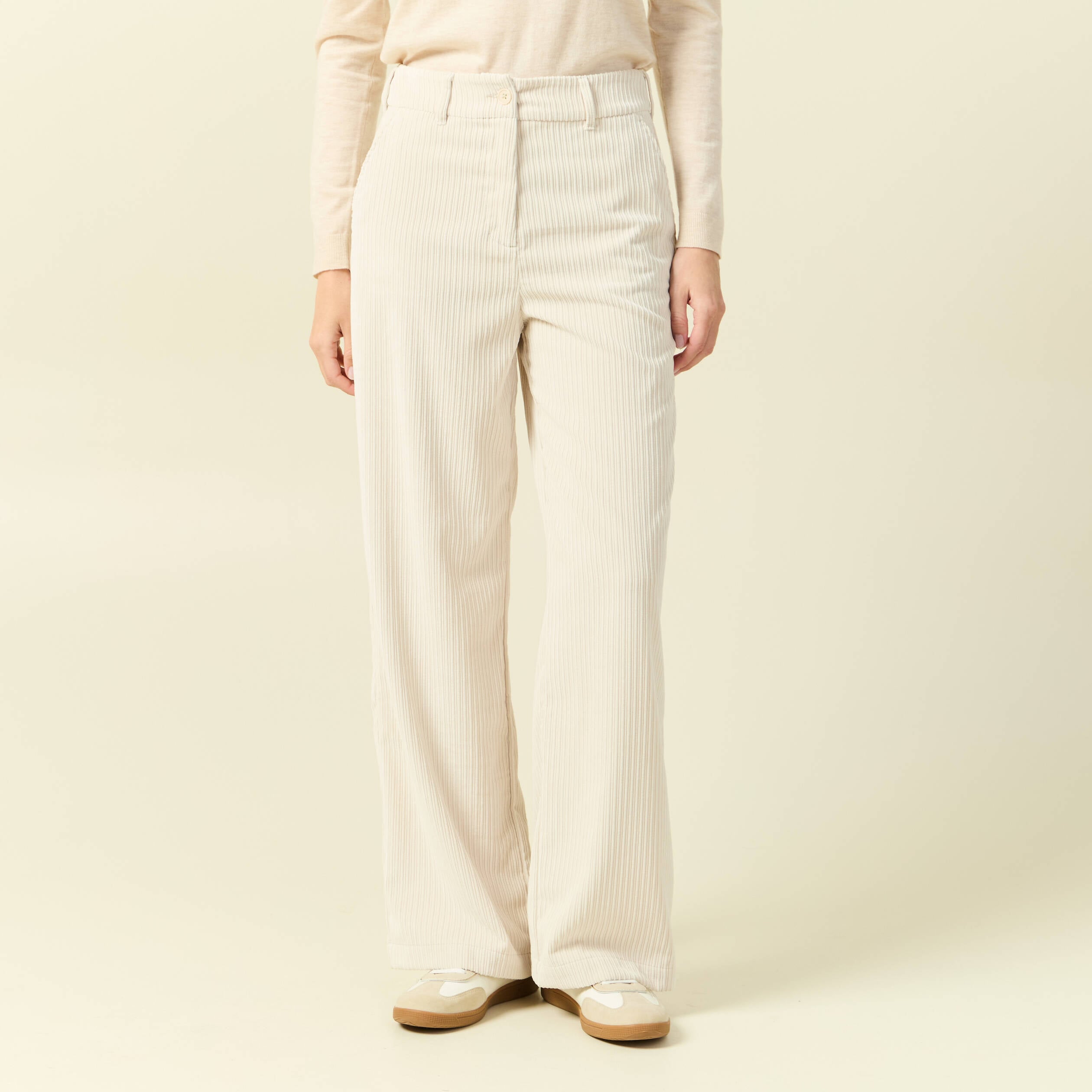 Pantalon large taille haute en velours creme femme