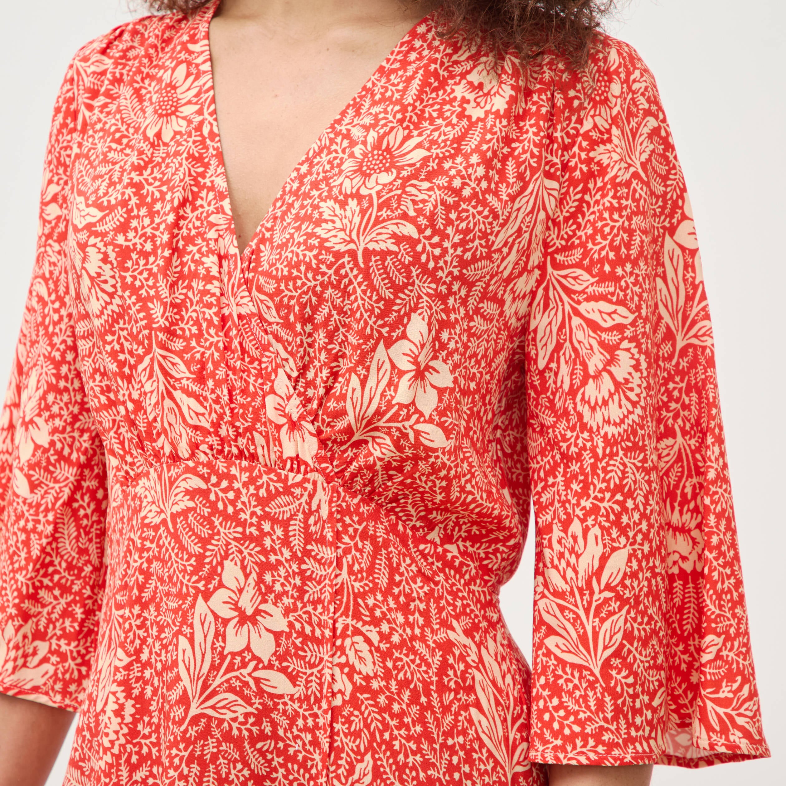 Robe col v manches longues rouge corail femme