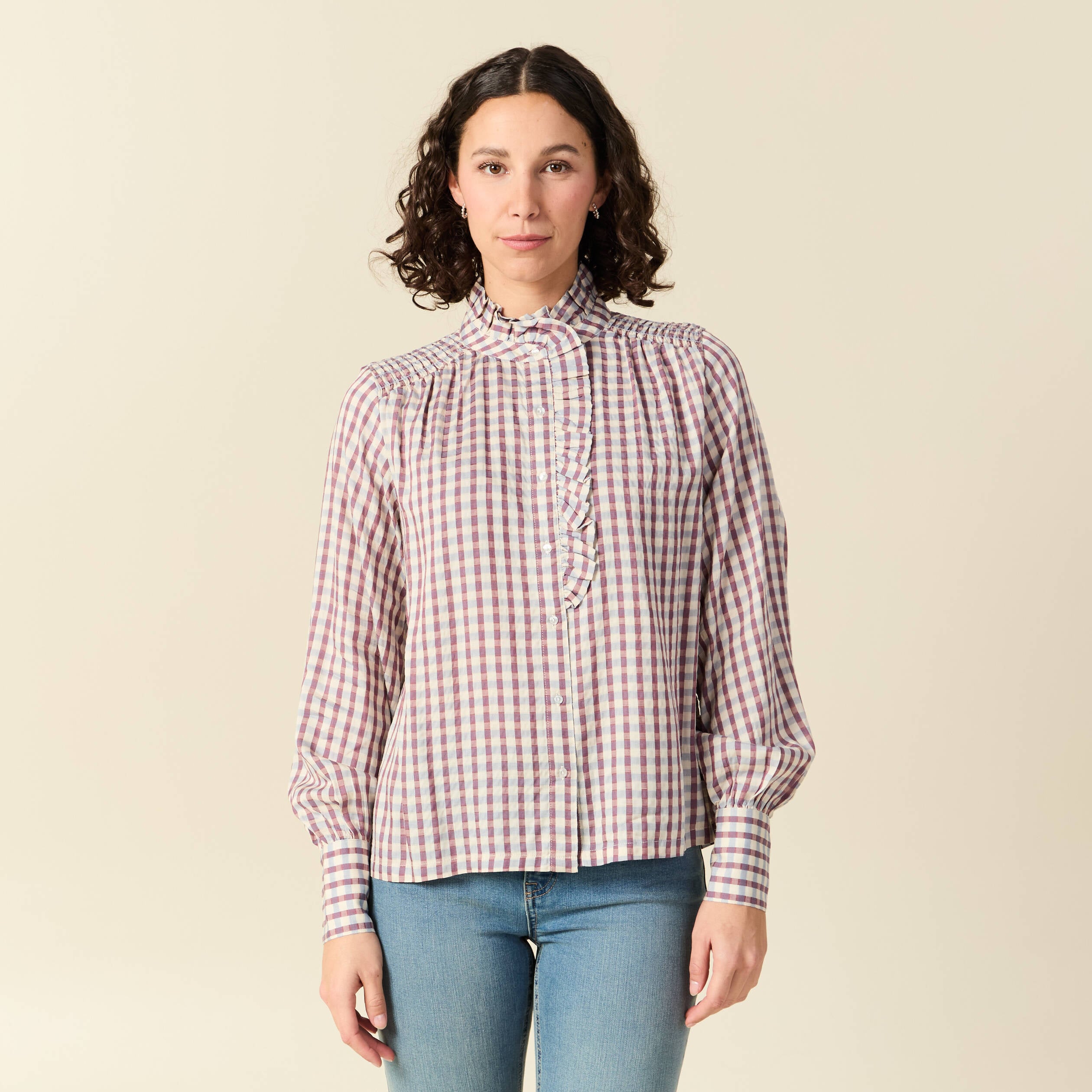 Chemise manches longues col montant marron cognac femme