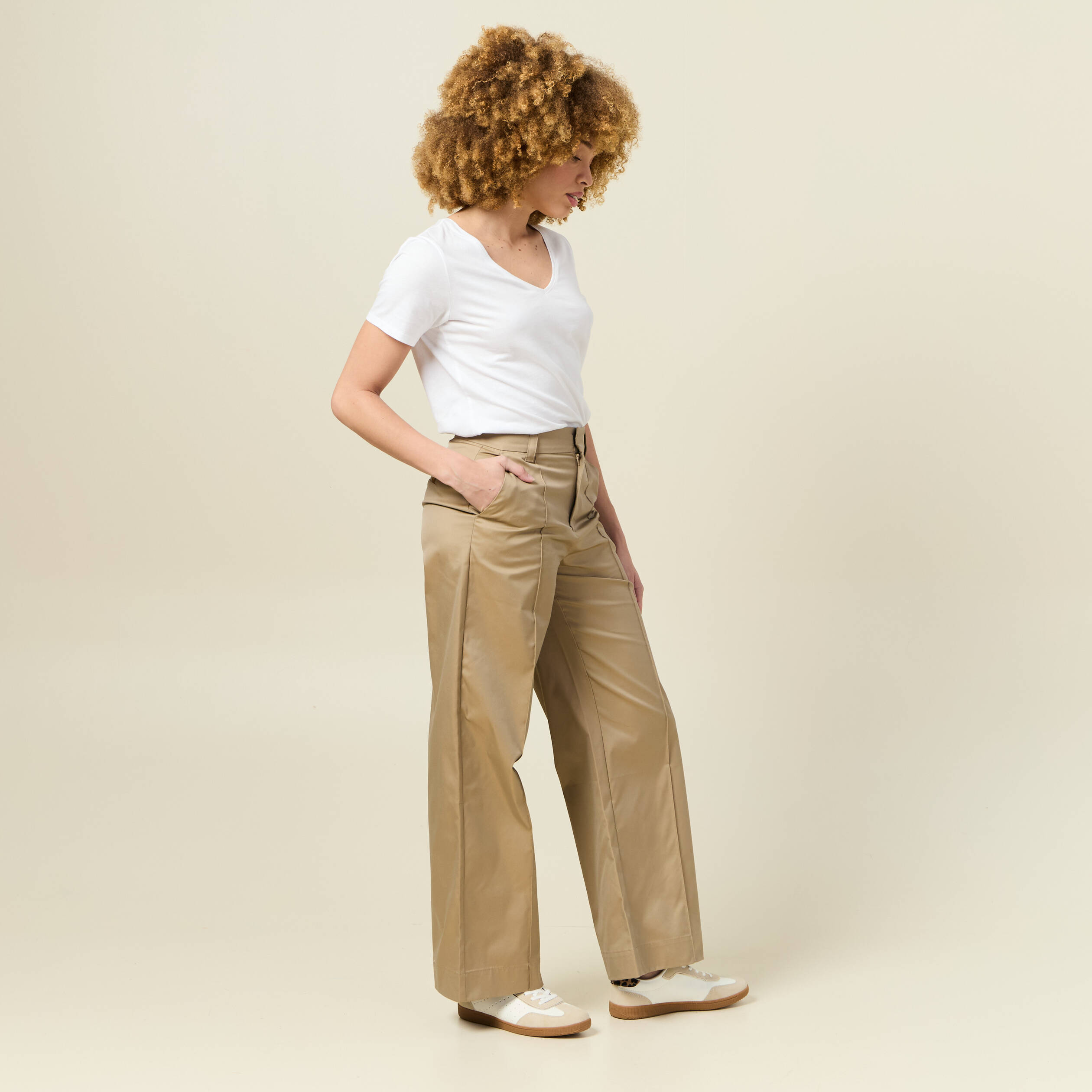 Pantalon large taille haute beige femme