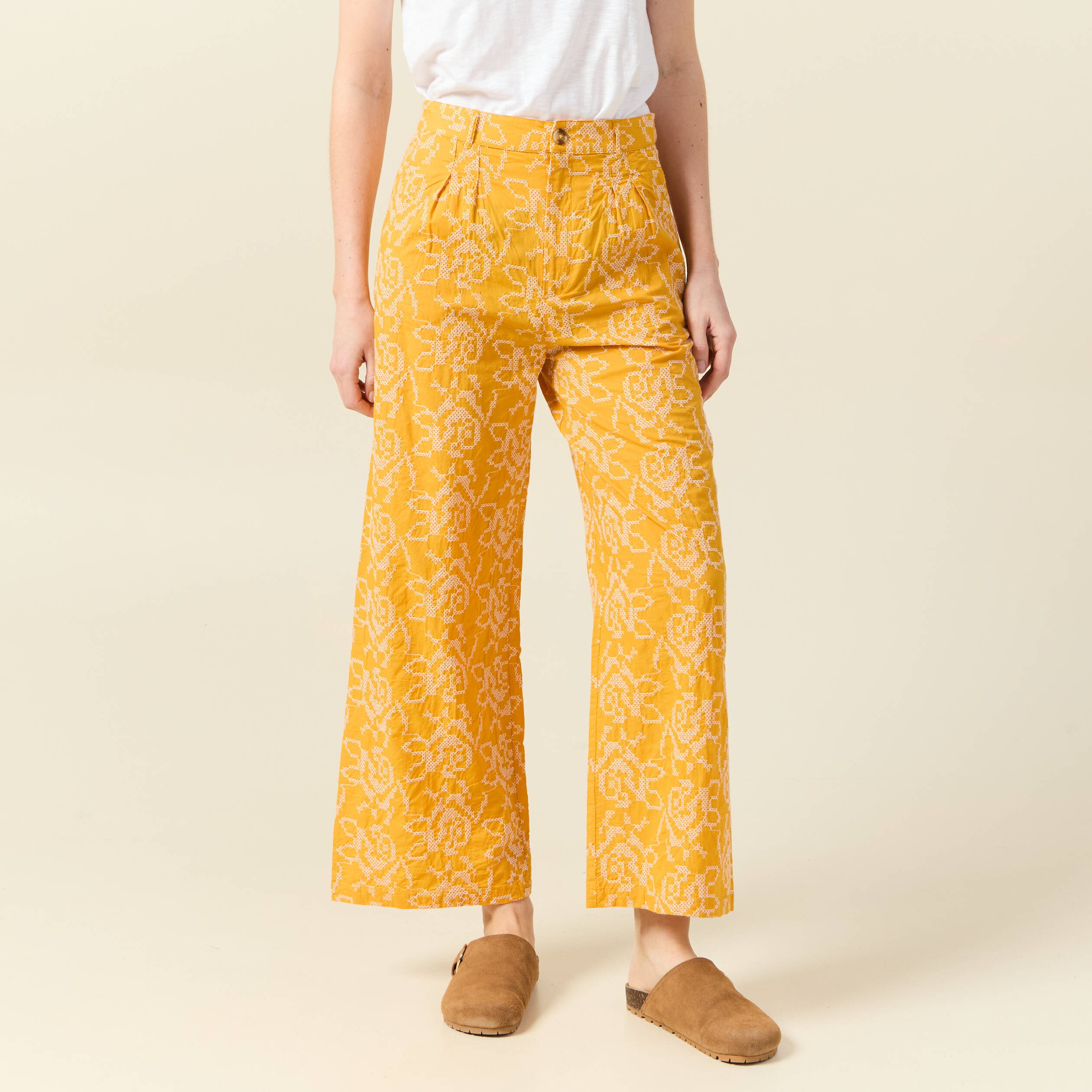 Pantalon large brod&eacute; jaune femme