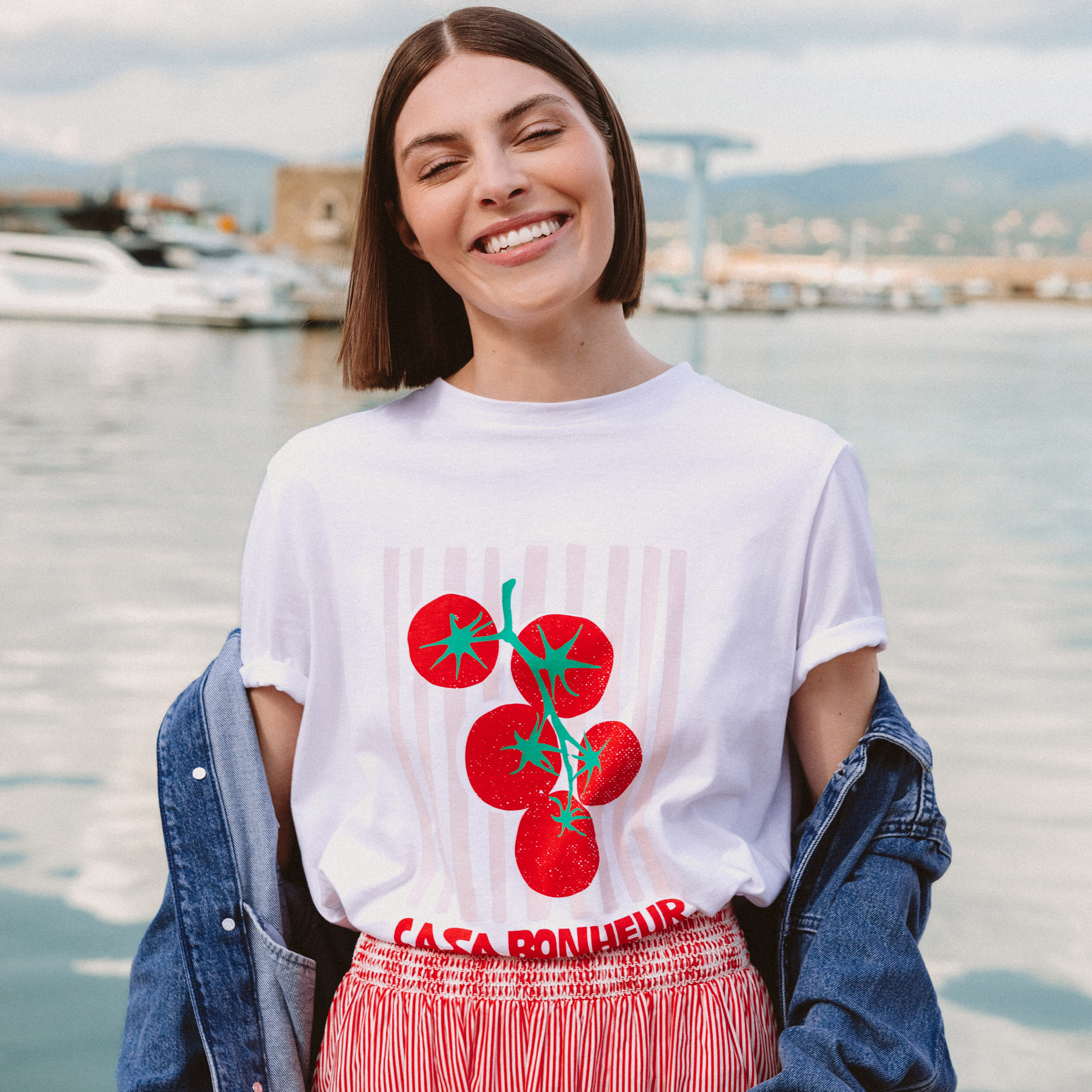 T-shirt &agrave; motif en coton manches courtes blanc femme