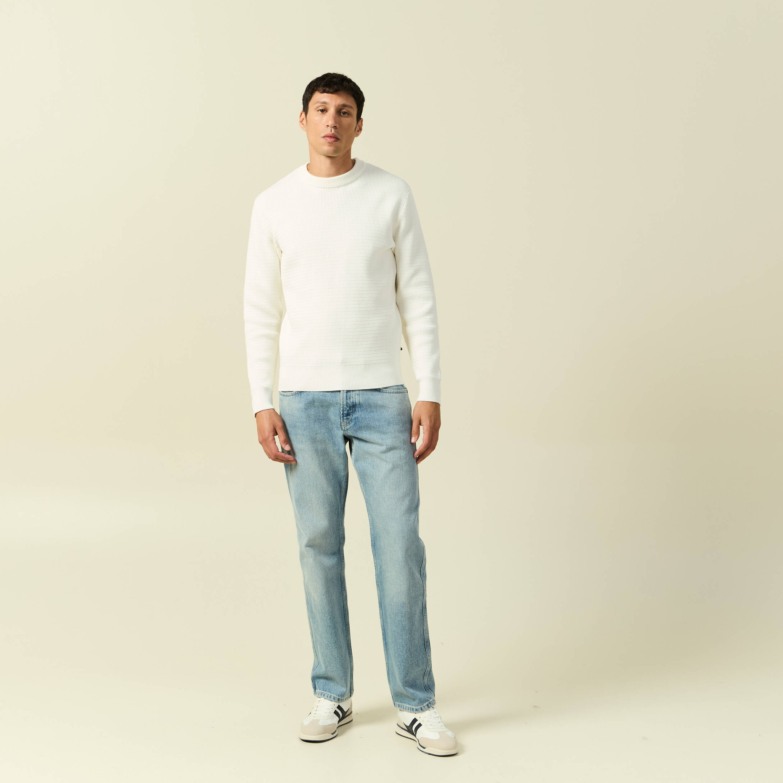 Pull col rond manches longues ecru homme