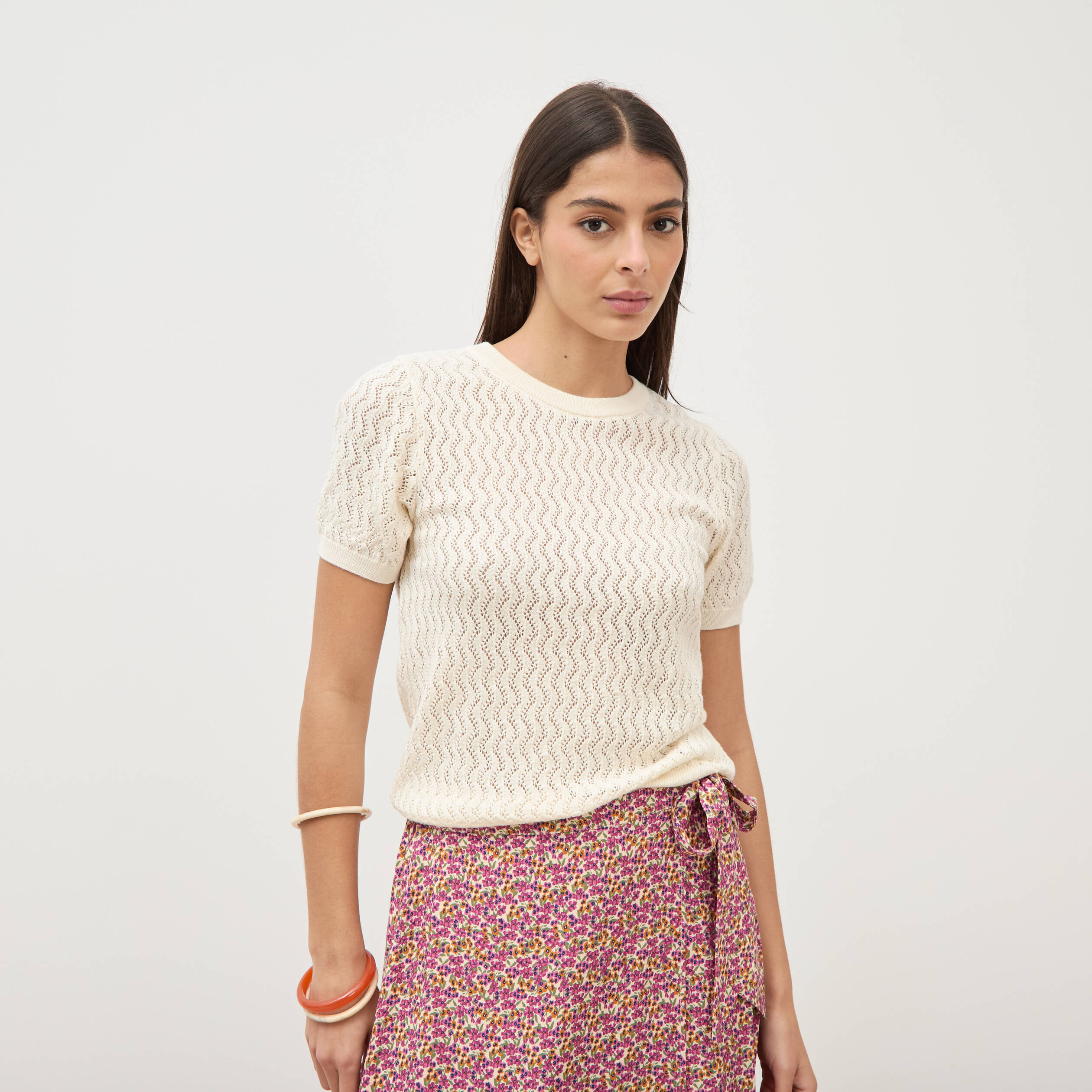 Pull col rond manches courtes creme femme
