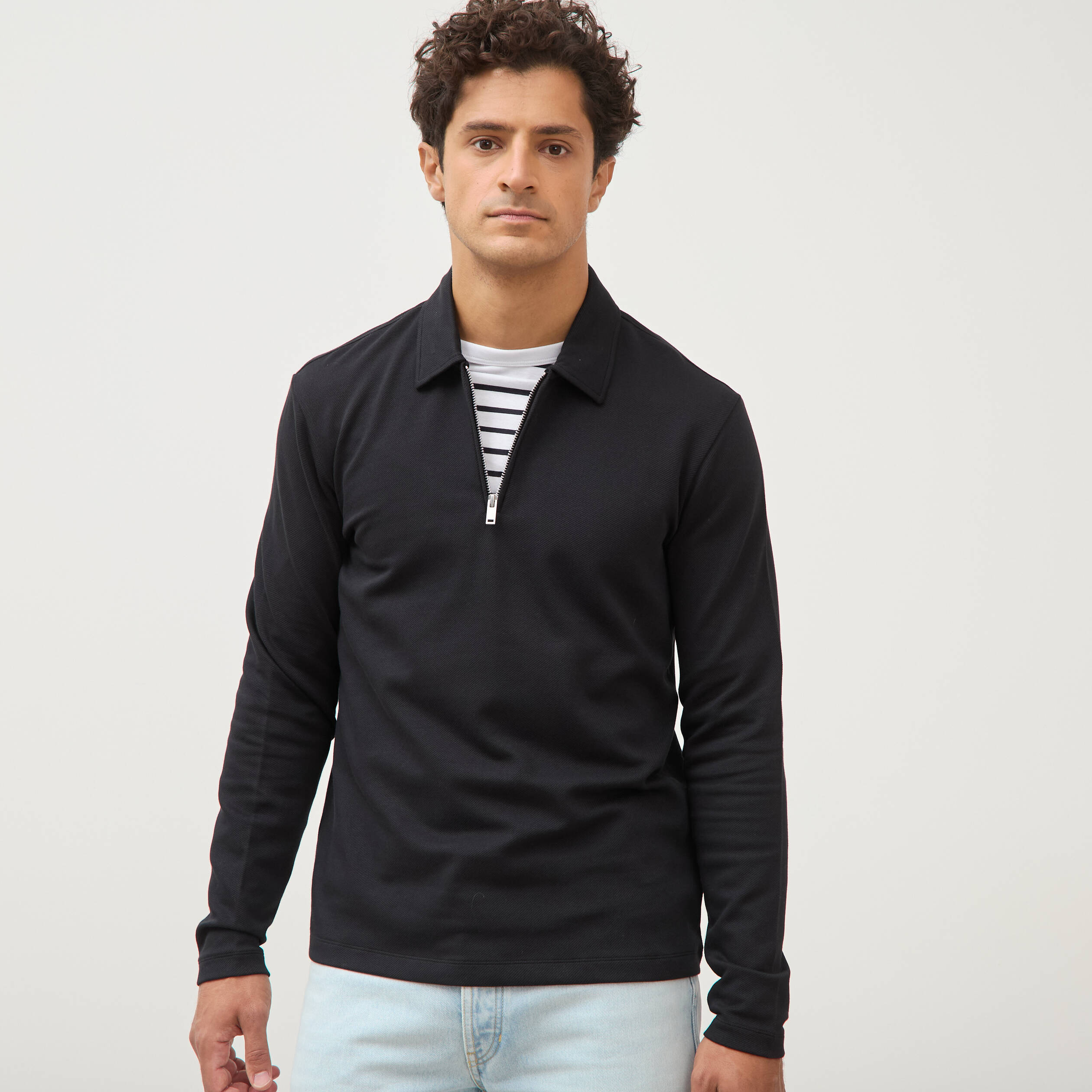 Polo droit manches longues noir homme