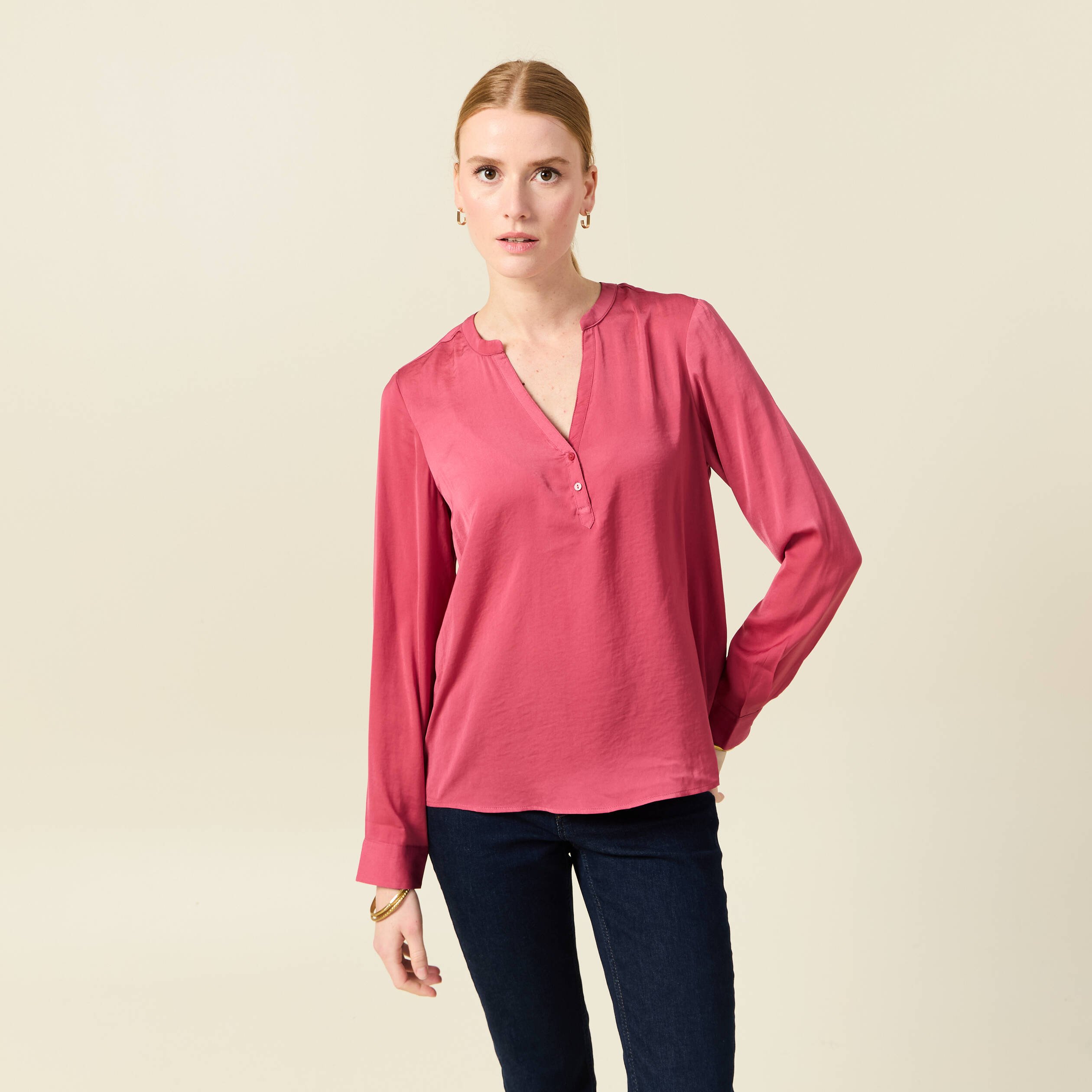 blouse manches longues satin vieux rose femme Blouse manches longues satin vieux rose femme