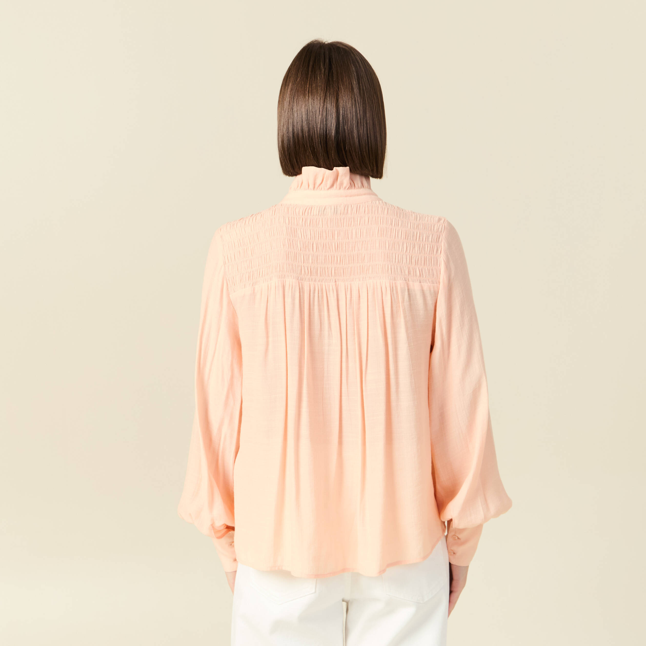 Chemise manches longues col montant rose champagne femme