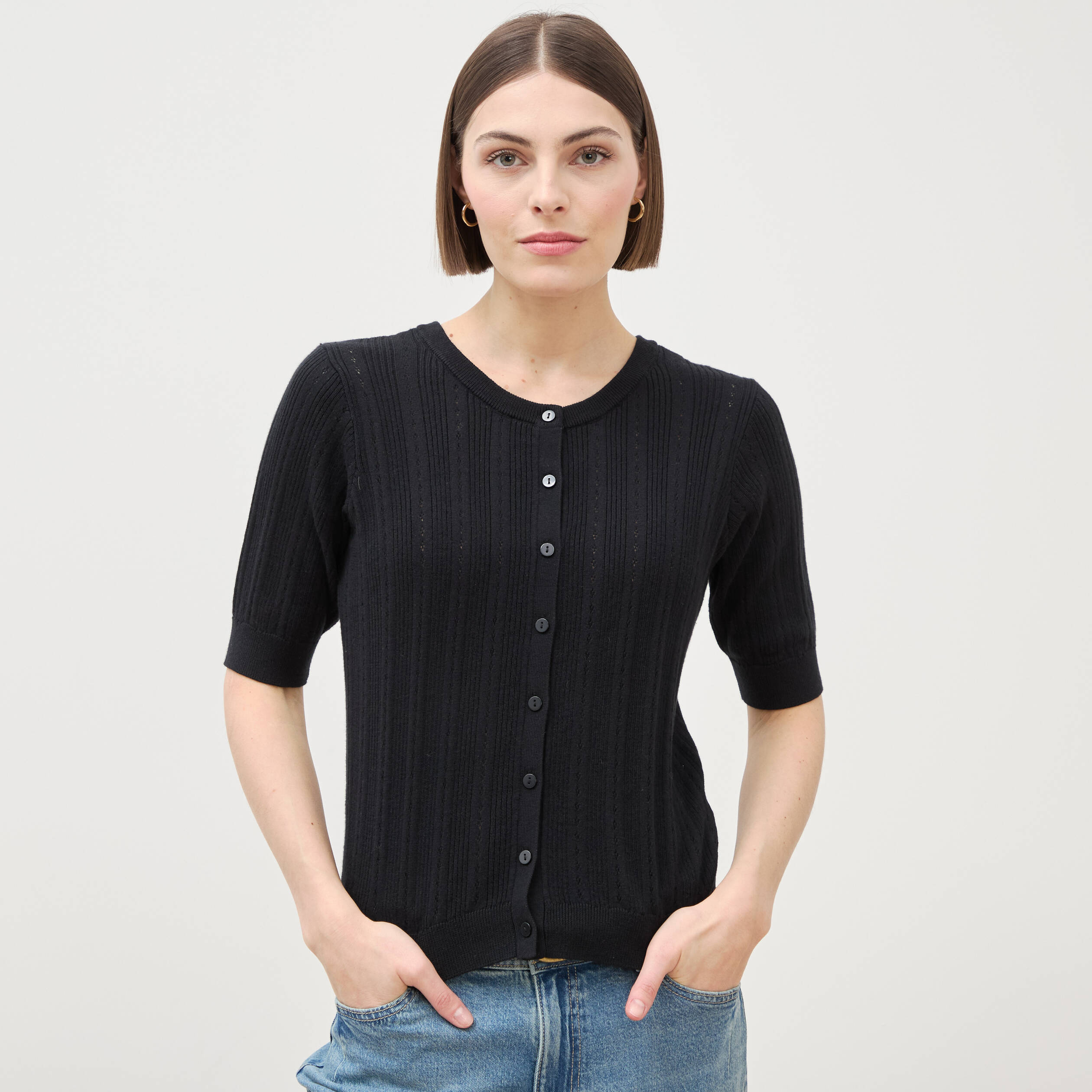 Gilet manches coude col rond noir femme