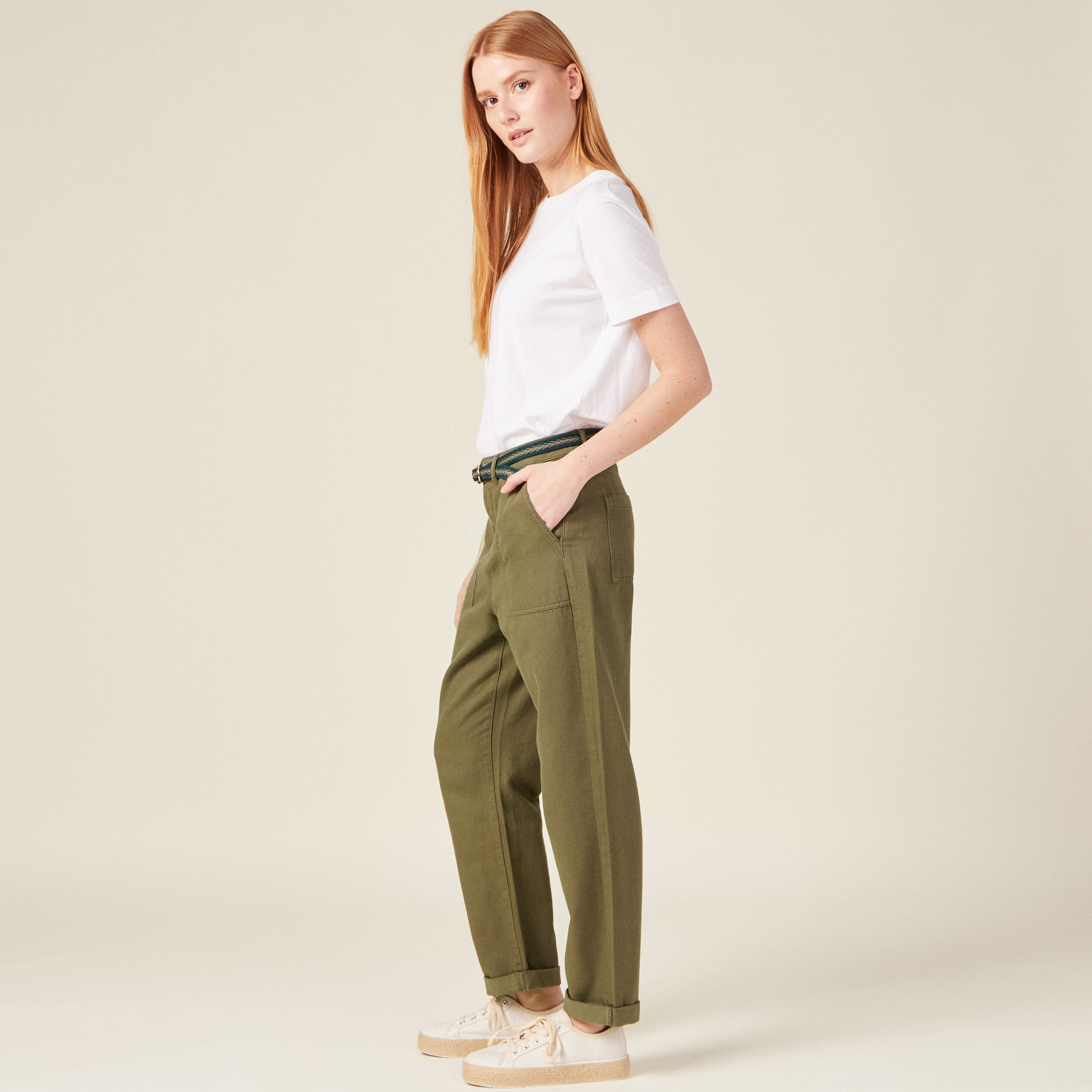 pantalon large ceinture vert kaki femme Pantalon large ceinturé vert kaki femme