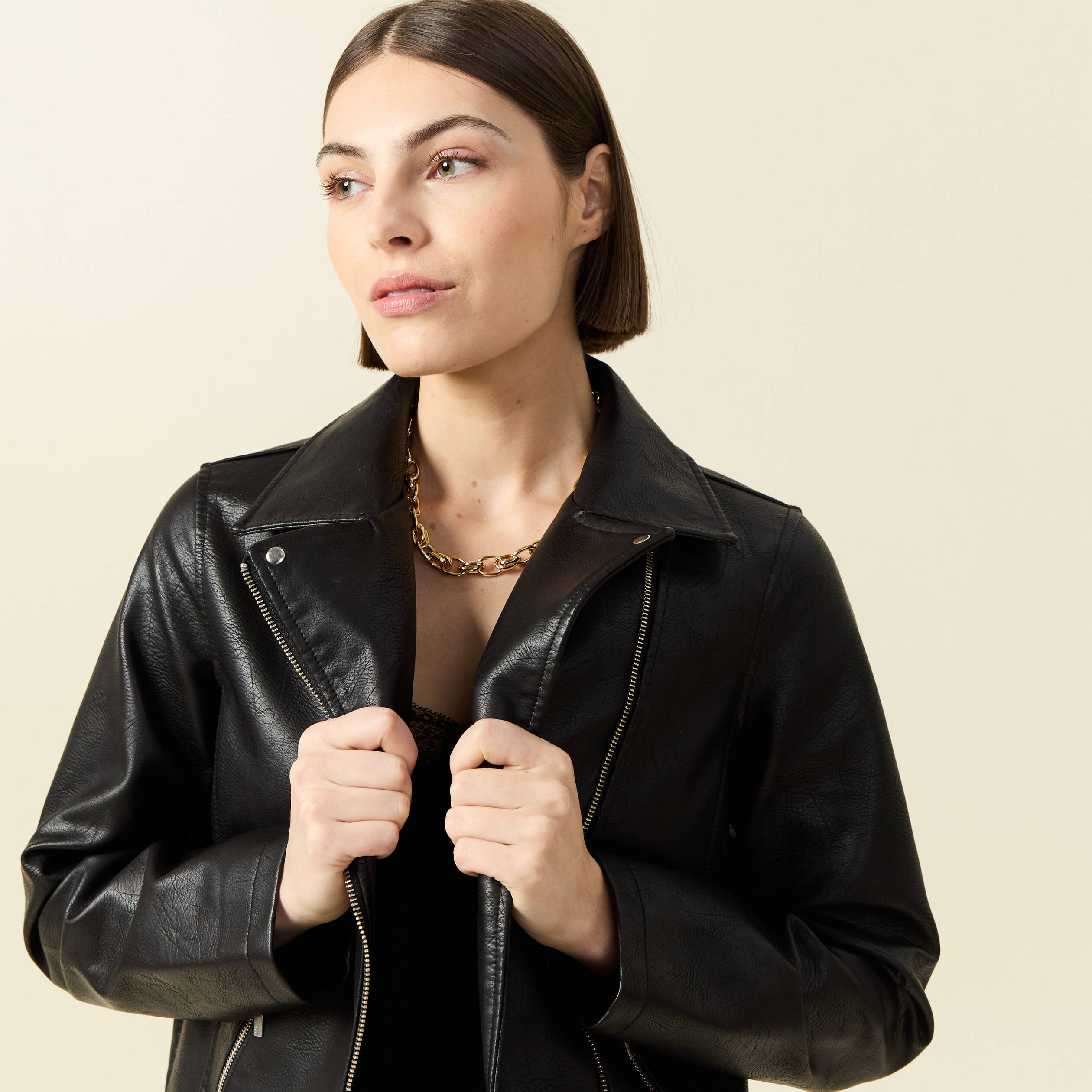 Blouson biker simili cuir noir femme